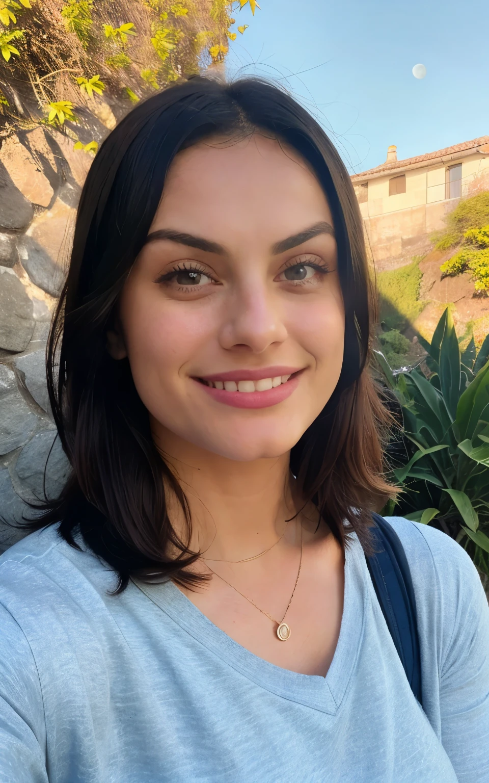 Camila Mendes 27 years ((upper body selfie, smiling)), masterpiece, best quality, ultra-detailed, restaurant, (noirte), nature, cheerful, looking at the moon, happy, backpack, light blue closed-sleeved shirt, shadows, contrast, clear sky, style, (warm hue, warm tone: 1.2), close-up, cinematic light, side lighting, ultra high resolution, best shadow, RAW, face part of the body,  serious look, normal breasts, 4k,