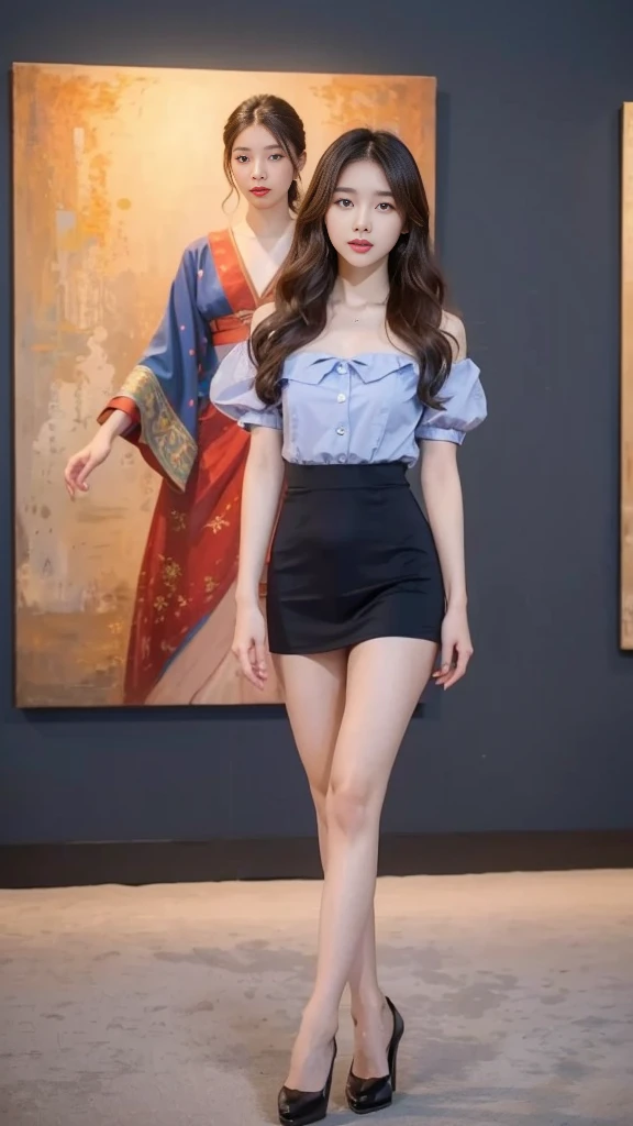 a woman in a short dress posing in front of a painting, gorgeous young korean woman, wearing an elegant dress, beautiful young korean woman, sexy dress, beautiful south korean woman, yanjun chengt, jaeyeon nam, korean women's fashion model, elegant dress, hwang se - on, pink dress, korean artist, wearing a pink dress, cute korean actress