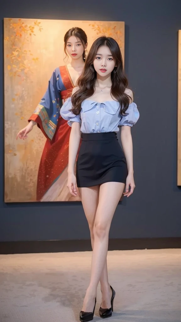 a woman in a short dress posing in front of a painting, gorgeous young korean woman, wearing an elegant dress, beautiful young korean woman, sexy dress, beautiful south korean woman, yanjun chengt, jaeyeon nam, korean women's fashion model, elegant dress, hwang se - on, pink dress, korean artist, wearing a pink dress, cute korean actress