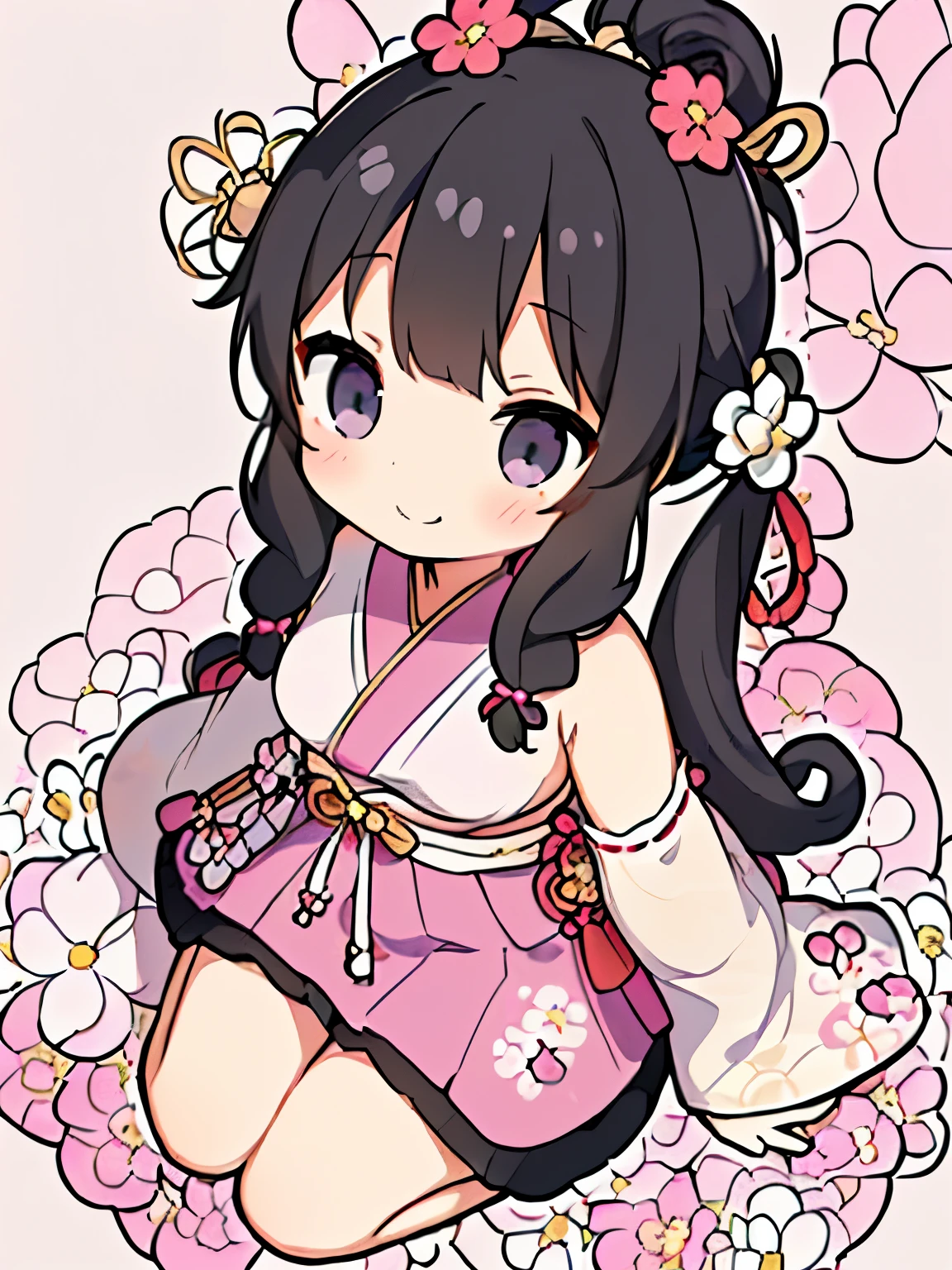 (black hair:1.2),(long hair with curls:1.3),(hair tied up loosely:1.25),(All together:1.3),(black eye:1.4),(Eye size:1.5),(traditional accessories:1.3),((Okinawan traditional fashion:1.4)),(Background full of blooming flowers:1.5),(blush),(upward glance:1.3),(small breasts:1.4),(focus on face:1.3),((look up:1.25)),(fashion color White、Blue、pink 、gold、red:1.3),(smile:1.2),(whole body:1.6)