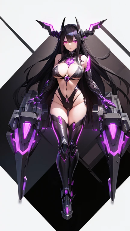 black Bikini, black demon horns, mechanical foot, black and purple eyes, breast, long black hair, Cyborg, mech, full body, mechanical arms, (detailed hands and fingers)
