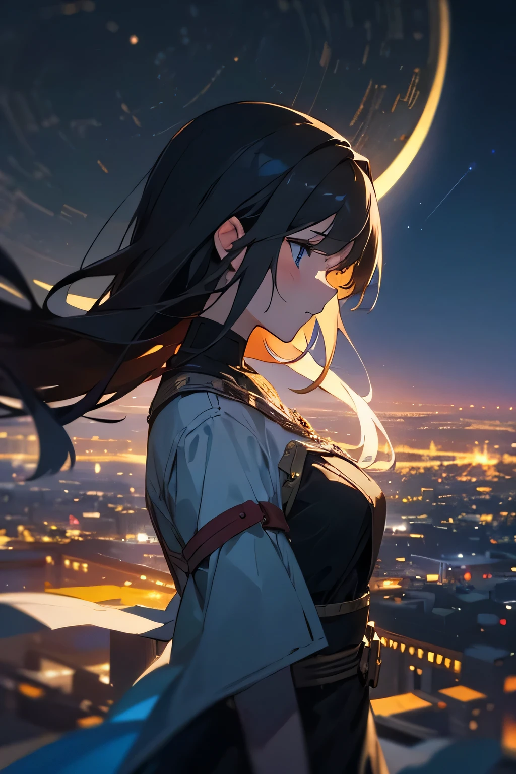 Create a scene in the twinkling lights of the night city。, Capture emotional moments full of emotion. The central character is a young woman, And the story needs to delve into her emotions against the backdrop of the night sky.. evoke deep emotions、Create a story that blends the enchanting atmosphere of the night。. using eloquent and evocative words、A vivid depiction of the female protagonist&#39;s emotional journey and the enchanting nightscape that surrounds her.。.
