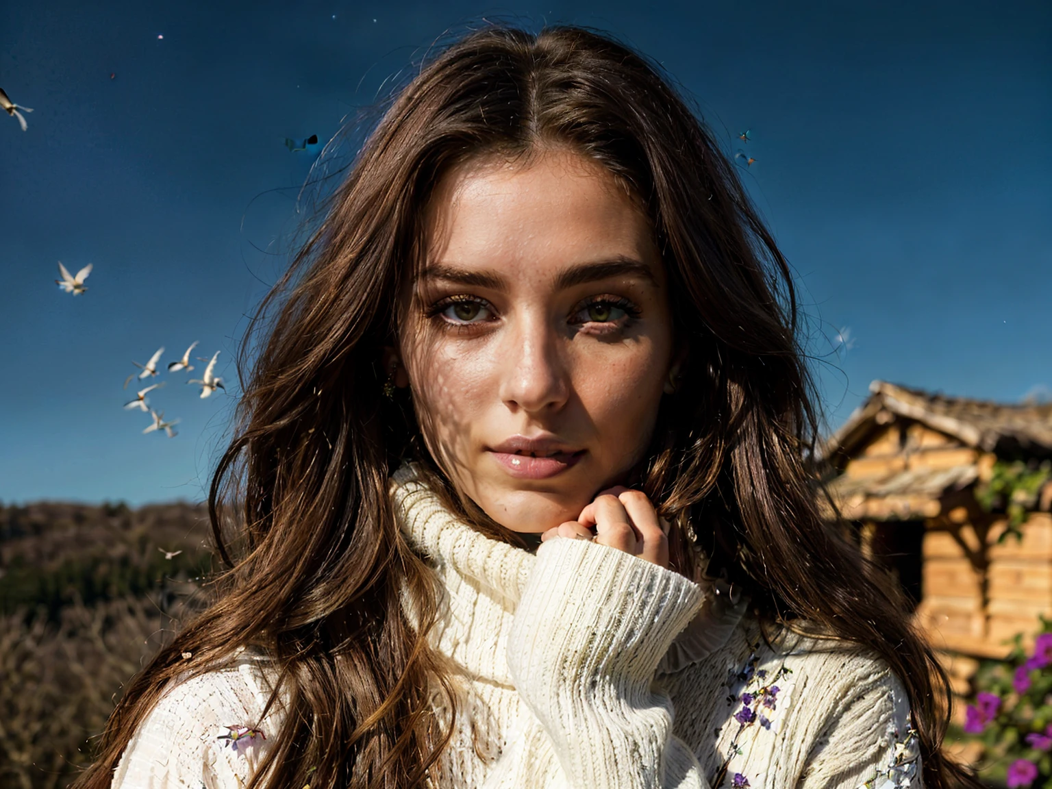 photo of beautiful 26 y.o woman, 4k uhd, high quality, dramatic, cinematic, (long flowy (umber hair:1.2)), violet flowers, swarm, the bird seed in her hands, growing into birds, giants shelter her body, intricate ornate lean-to, the night sky, deep dark shadows, hide new seasons, the woman is aware and watching us