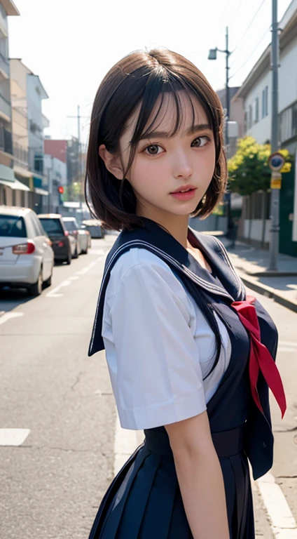 (masterpiece, highest quality:1.2), 8K, official art, RAW photo, incredibly absurd, (Upper body, sailor suit, serafuku:1.4), beautiful girl, cute face, arch back, (navy pleated skirt:1.1), close, school uniform, short sleeve, gardenia, violaces, Ten generations, street, looking at the viewer, no makeup, film grain, chromatic aberration, sharp focus, face light, dynamic lighting, cinematic lighting, detailed eyes and face, background bokeh、 standing on one's own feet,(wearing black pantyhose,realistic pantyhose)、full body shot、sailor suit