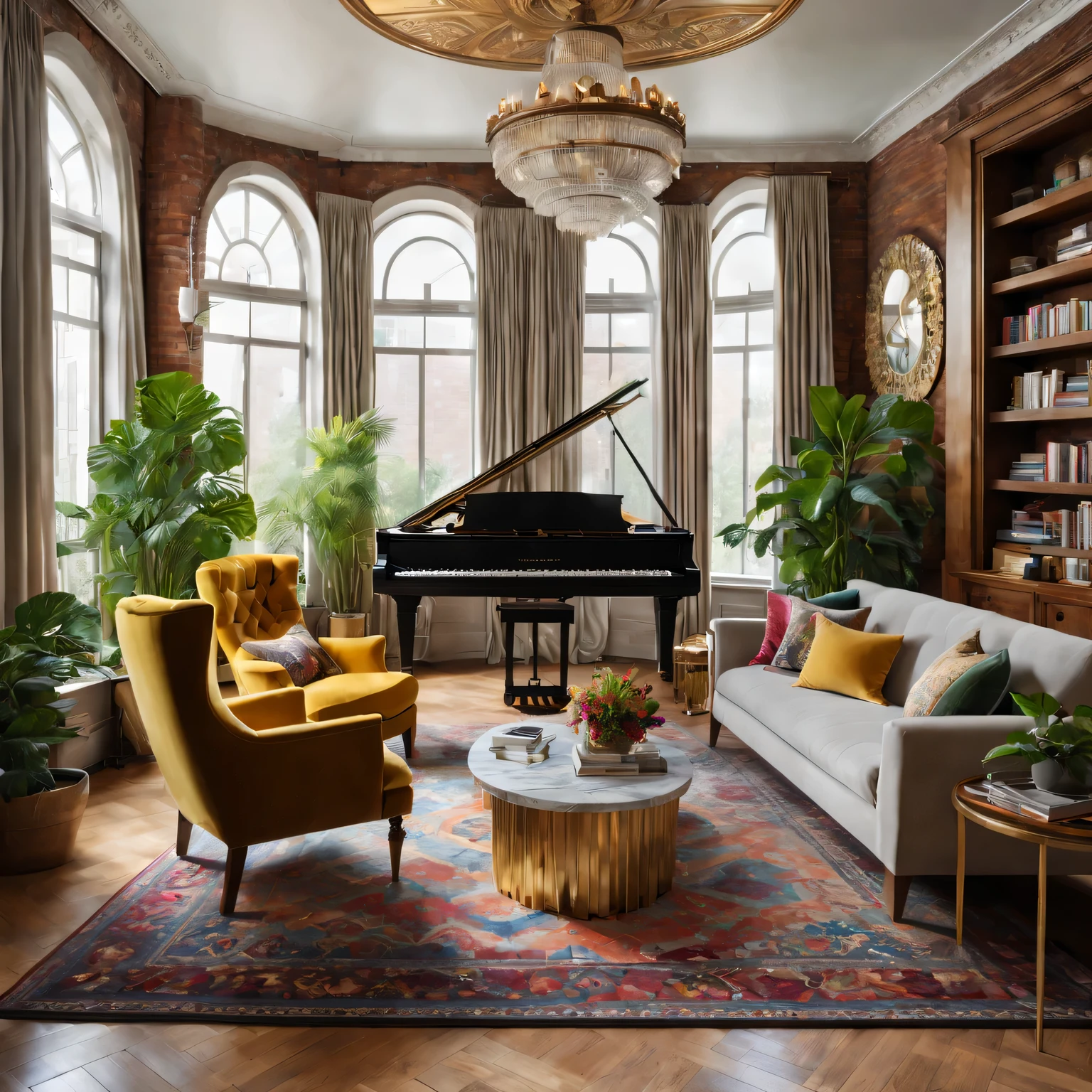 (best quality,4K,8k,high resolution,masterpiece:1.2),Super detailed,(actual,photoactual,photo-actual:1.37),random,Eclecticism,Rich levels,living room,Visually stunning,style mixing,bright colors,Unique décor,eye-catching furniture,Artistic patterns,Detailed texture,Contrasting elements,Modern and antique furniture,Gorgeous chandeliers,plush velvet sofas,fancy accessories,Wall of art,funny sculpture,Well-curated bookshelf,Lush houseplants,Industrial style exposed brick wall,Sunlight pours in through the large windows,vintage persian rug,geometric floor tiles,Colorful mosaic tile backsplash,sculptural coffee table,an art deco,cultural relics,grand piano,Lots of different materials,Brass details,marble countertops,Glass vase,Polished wooden floors,Layered lighting,Cozy and warm atmosphere,warm color palette,soft natural light,subtle shading,Elegant curtains,Plush throw pillows,cozy fireplace,Warm yet sophisticated atmosphere