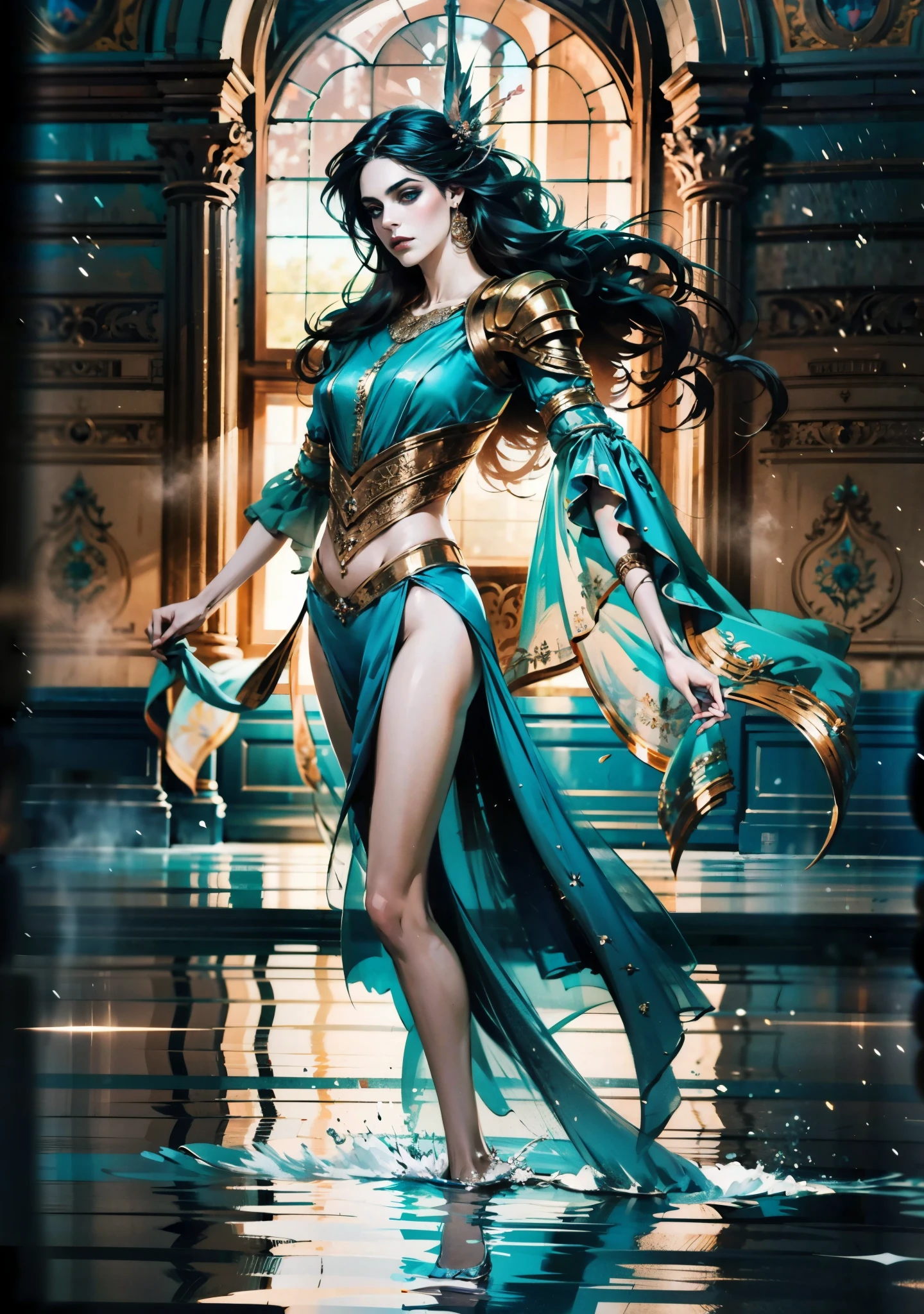 A beautiful woman with cascading waves of aqua-blue long hair, exquisite facial features, a melancholic expression, delicate and bright eyes, skin as smooth and radiant, her slender and graceful figure dances like water splashes in the wind, a splendid fantasy-style islander ethnic costume, a short skirt resembling ocean waves, her slender legs leap lightly above the water surface, surrounded by splashing droplets that dance in the air, this character embodies a finely crafted fantasy-style female dancer in anime style, exquisite and mature manga art style, high definition, best quality, highres, ultra-detailed, ultra-fine painting, extremely delicate, professional, anatomically correct, symmetrical face, extremely detailed eyes and face, high quality eyes, creativity, RAW photo, UHD, 8k, Natural light, cinematic lighting, masterpiece-anatomy-perfect, masterpiece:1.5