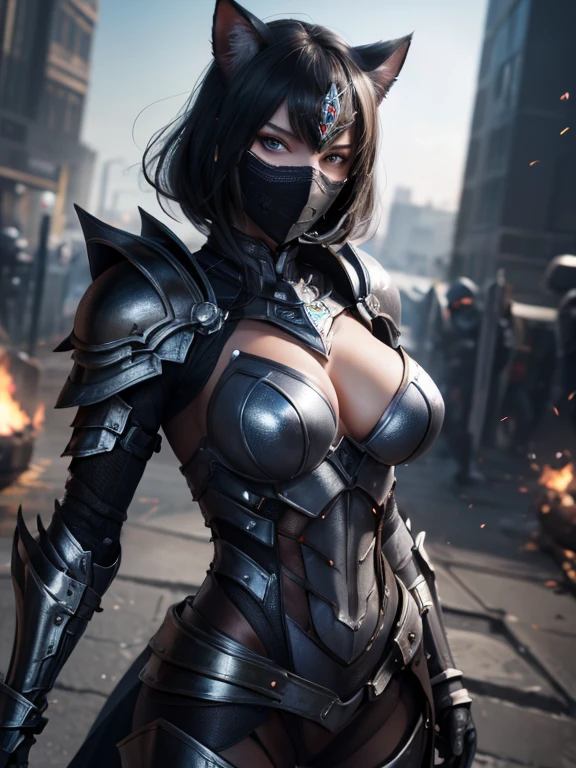 1girl, black hair, blue eyes, wearing full body armored suit, particles in background, absurdres, high res, ultrasharp, 8K, masterpiece, looking at viewer, cat girl ears same color as hair, mask, hands armored gloves, long cape