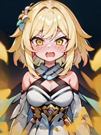 masterpiece、highest quality、Exquisitely、High resolution、very delicate and beautiful、blonde、yellow eyes、red face、perfect body、fart a lot、shyness、blush、put pressure on your face、lots of gas、jagged mouth