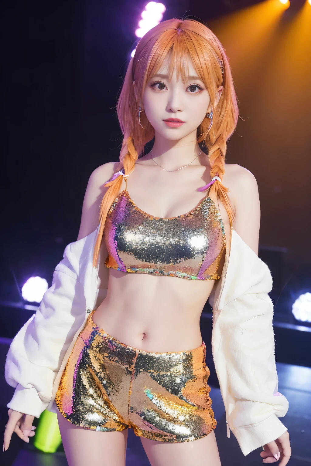 cyber idol、 、Full body Esbian、、 、sequin orange shorts、、fluorescent yellow hair、cyber stage