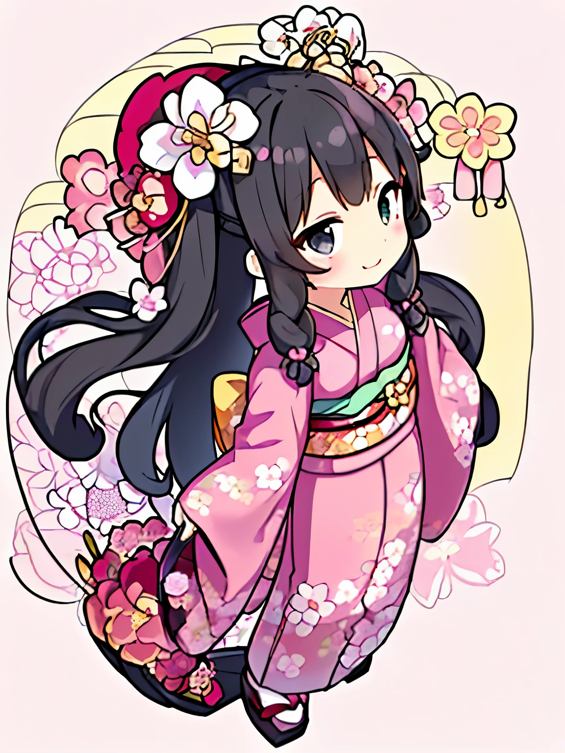 (black hair:1.2),(long hair with curls:1.3),(hair tied up loosely:1.25),(All together:1.3),(black eye:1.4),(Eye size:1.5),(JapaneseAccessories:1.3),((Kimono fashion:1.4)),(Background full of blooming flowers:1.5),(blush),(upward glance:1.3),(small breasts:1.4),(focus on face:1.3),((look up:1.25)),(fashion color White、Blue、pink 、gold、red:1.3),(smile:1.2),(whole body:1.6)