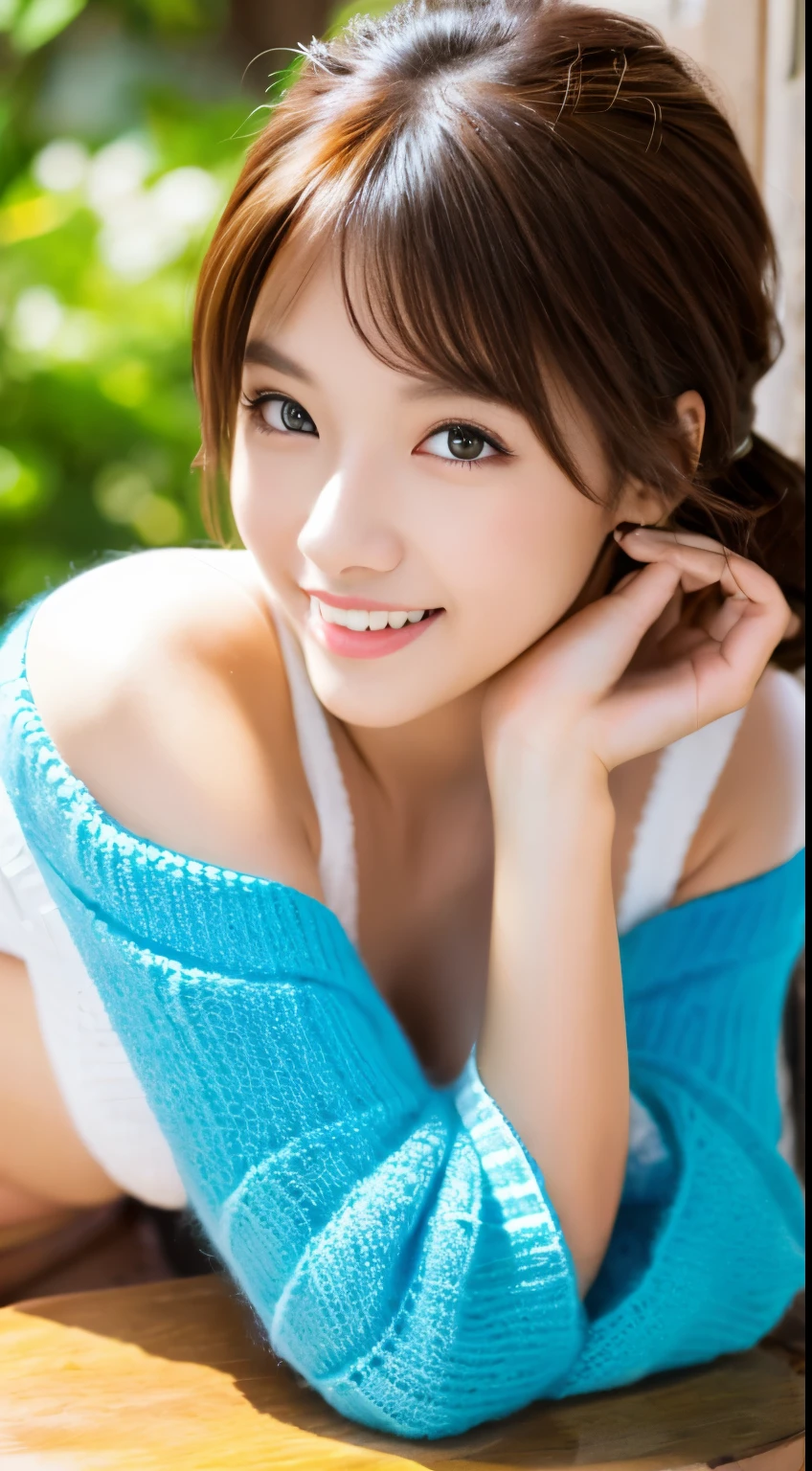 table top, highest quality, shape, Super detailed, finely, High resolution, 8k wallpaper, 完璧なダイナミックな構shape, beautiful and detailed eyes, ladies fashion summer,medium hair,big breasts natural color lip, bold sexy pose,smile,Harajuku、20 year old girl、cute、sexy shot looking at camera、knit sweater