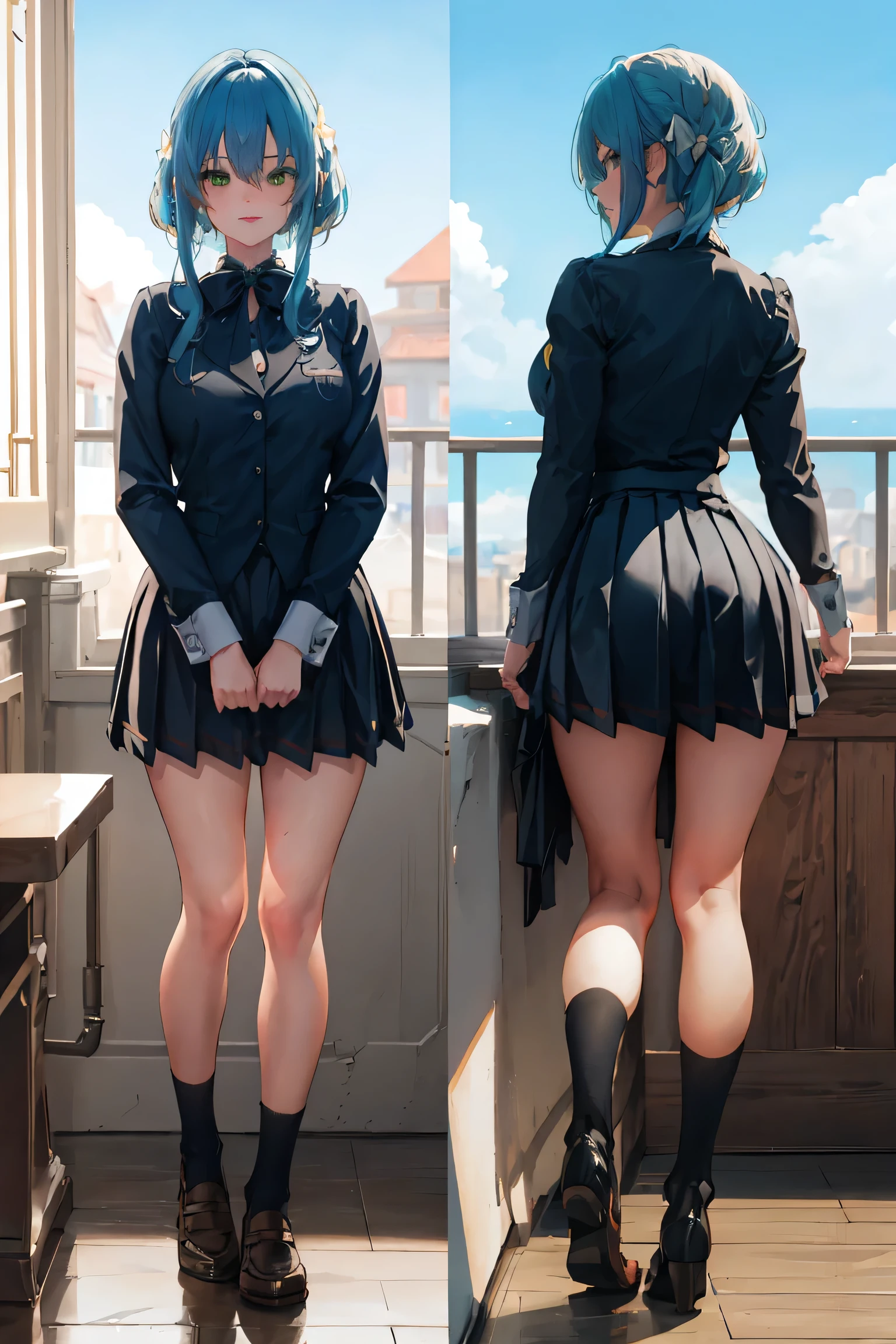 highres, aavillhaze, short hair, green eyes,
BREAK wearing skirt, shirt, long sleeves, bow, school uniform, pleated skirt, collared shirt, bowtie, sweater, plaid, black shirt, plaid skirt, grey skirt, black sweater, grey bow,
BREAK looking at viewer,(multiple views:1.5),from behind,from_front,(blue background:1.3),(full body:1.4),arms at sides,
BREAK indoors, library,
BREAK (masterpiece:1.2), best quality, high resolution, unity 8k wallpaper,NSFW ,(illustration:0.8), extremely detailed face, perfect lighting, extremely detailed CG, (perfect hands, perfect anatomy),