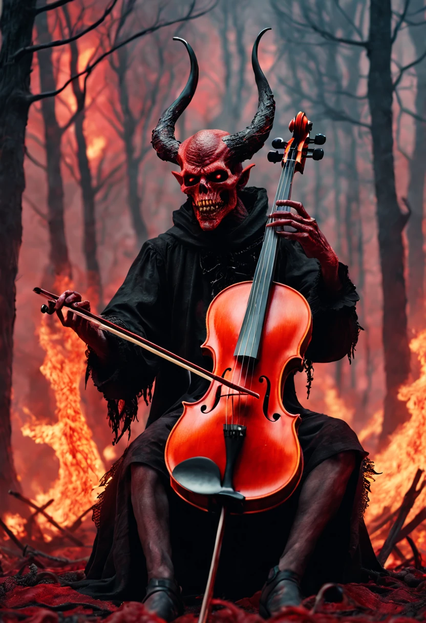 Humanoid hell demon, ultra-realistic, maximum details in hands, feet, face, epic, playing a hellish gothic violin, very diabolical and strange style, set in a forest of flames and a hell red sky, with human corpses on the ground, maximum details in lighting and shadows, 4k, masterpiece, impressive and terrifying