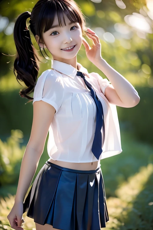 ((white short sleeve blouse、ultra mini pleated skirt、dark blue)), ((red tie))、 ((black boots))、((whole body esbion))、((side shot))、((、small and flat chest))、Beautiful girl with realistic black eyes, white skin, medium length black hair, perfect face, perfect eyes, very detailed, comprehensive movie, digital painting, 8K, cinematic lighting, highest quality, High resolution, detailed work, Post-processing, perfect results, surreal、Little dance、Frolic、My heart is excited