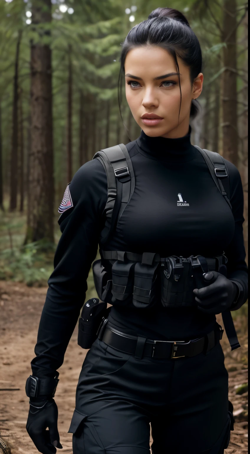 Foto hiperrealista en primer plano de Adriana Lima, Special forces uniforms、Black tactical vest、black black Military trousers、Black combat gloves、rucksack、Black black military undershirt、Detailed facial and chest depictions、detailed hand depiction、Combat pose、Dynamic action、in woods、White smoke、watching at viewers, beautiful woman, skinny, medium breasts, black short ponytail hair:1.2), detailed face, facing the camera, photo taken from a distance, age of 18 years old