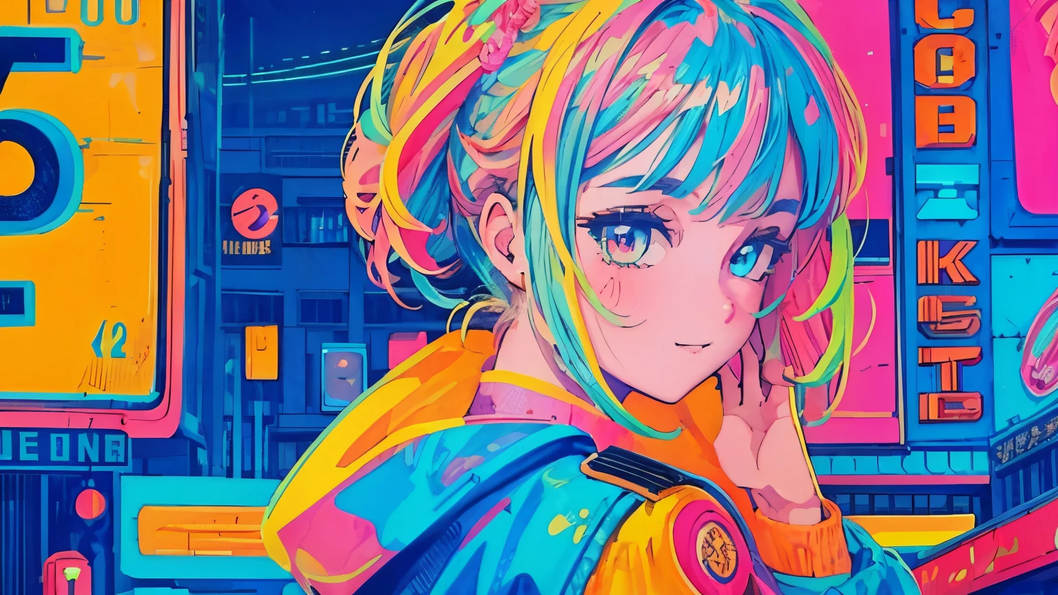 best quality, 4K wallpaper, masterpiece, extremely detailed CG unity 8k wallpaper, extremely detailed eyes, ultra-detailed, intricate details, close up 1 happy girl in center, retro art style, neon_pop art style, public, outdoors, road sign, city, people