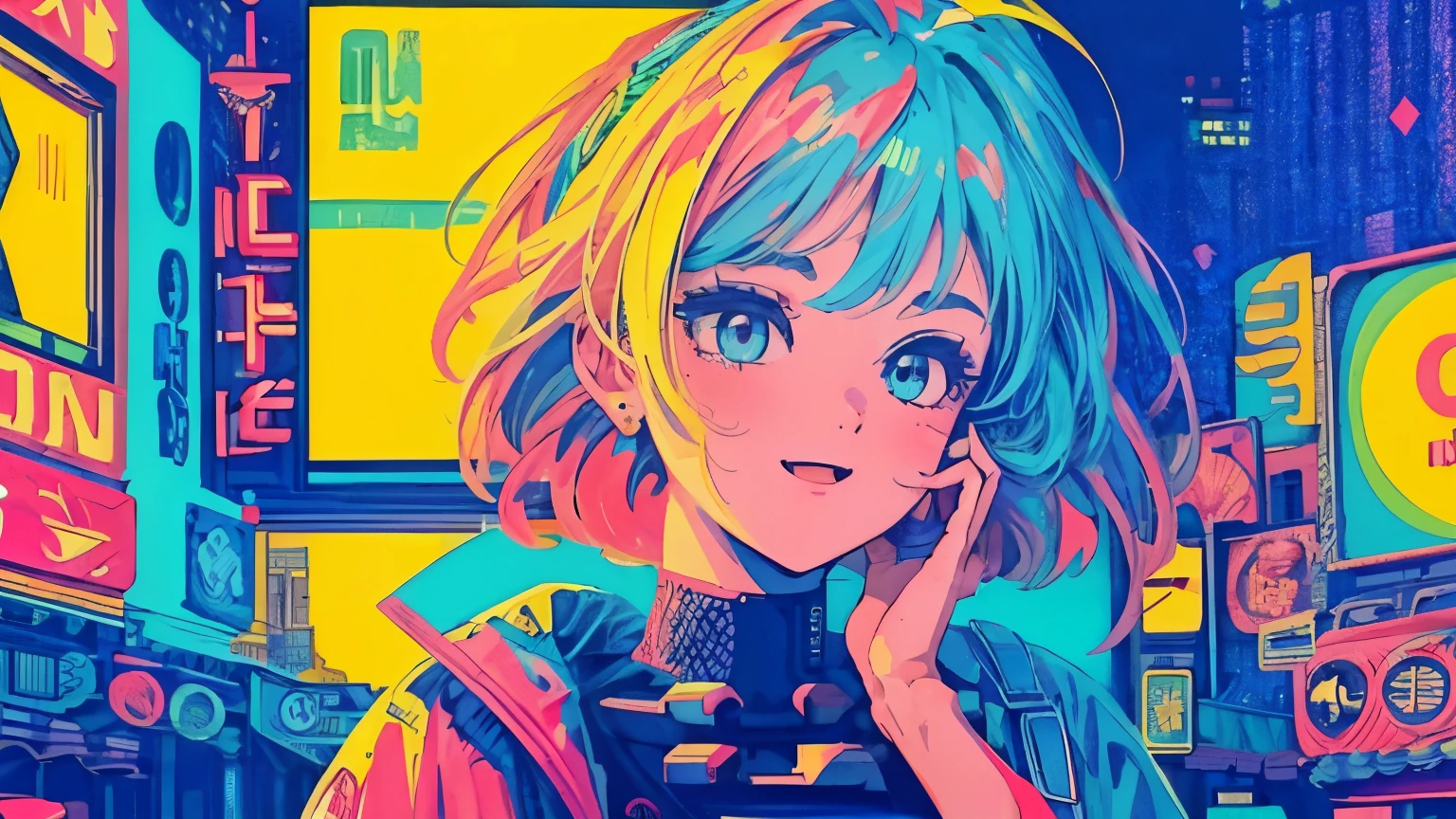 best quality, 4K wallpaper, masterpiece, extremely detailed CG unity 8k wallpaper, extremely detailed eyes, ultra-detailed, intricate details, close up 1 happy girl in center, retro art style, neon_pop art style, public, outdoors, road sign, city, people