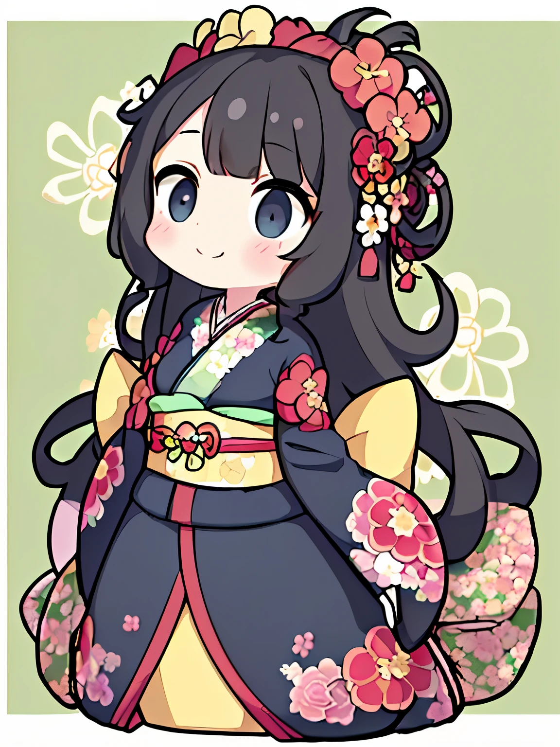 (black hair:1.2),(long hair with curls:1.3),(hair tied up loosely:1.25),(All together:1.3),(black eye:1.4),(Eye size:1.5),(JapaneseAccessories:1.3),((Kimono fashion:1.4)),(Background full of blooming flowers:1.5),(blush),(upward glance:1.3),(small breasts:1.4),(focus on face:1.3),((look up:1.25)),(fashion color White、darkBlue、lightgreen、gold、red:1.3),(smile:1.2),(whole body:1.6)