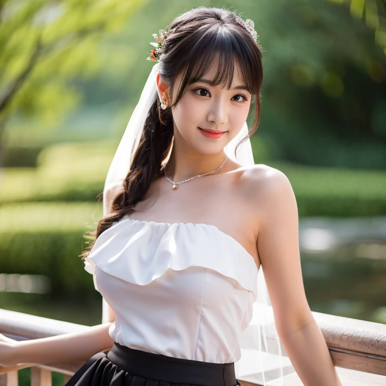 Wedding dress,Princess,extremely detailed 8k wallpaper,lotus ,sexy posing,upper body blouse ,lower body (black)long skirt,smirk face ,large breast ,Side undercut asymmetrical bangs blonde hair color hammered short hair,20-year-old beautiful girl ,looking at viewer,full body