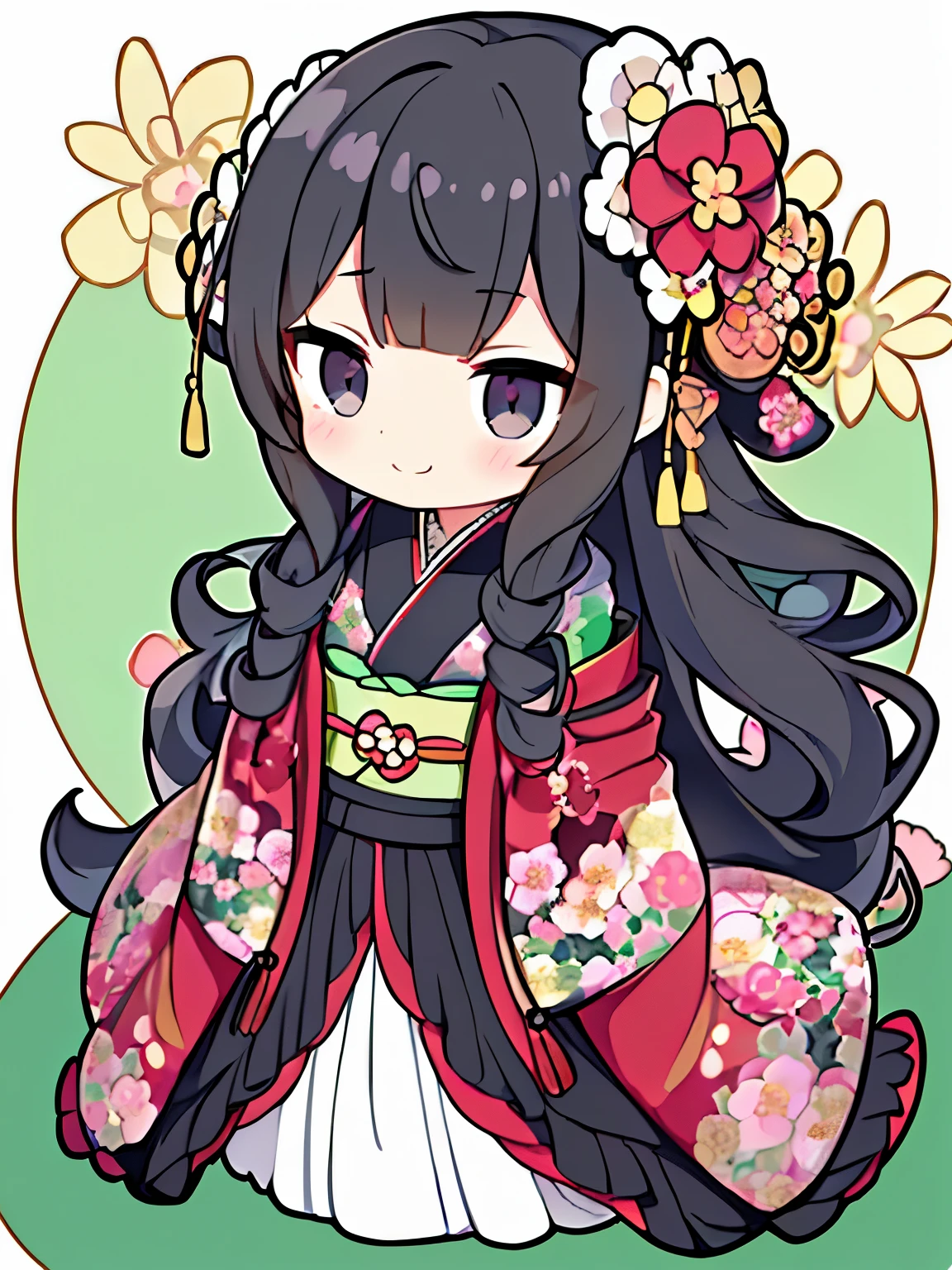 (black hair:1.2),(long hair with curls:1.3),(hair tied up loosely:1.25),(All together:1.3),(black eye:1.4),(Eye size:1.5),(JapaneseAccessories:1.3),((Kimono fashion:1.4)),(Background full of blooming flowers:1.5),(blush),(upward glance:1.3),(small breasts:1.4),(focus on face:1.3),((look up:1.25)),(fashion color White、darkBlue、lightgreen、gold、red:1.3),(smile:1.2),(whole body:1.6)