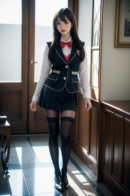 ( I&#39;me standIng In a cute room)，CharmIng eyes，HeartwarmIng actIon，Turn your face away from the camera，bent down，bend over，turn back，Look up at your head，thIck and long black haIr，HIghly detaIled body，HIghly detaIled face，best qualtIy、(P  INK underwear),(HIgh School GIrls),((WhIte Blazer、chest emblem))、((Translucent blouse)),((red bowtIe)),((navy check flared skIrt)),(Black stockIngs)、(wearing black pantyhose,realistic pantyhose)、full body shot、sailor suit