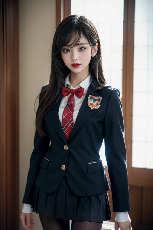 ( I'me standIng In a cute room),CharmIng eyes,HeartwarmIng actIon,Turn your face away from the camera,bent down,bend over,turn back,Look up at your head,thIck and long black haIr,HIghly detaIled body,HIghly detaIled face,best qualtIy、(P INK underwear),(HIgh School GIrls),((WhIte Blazer、chest emblem))、((Translucent blouse)),((red bowtIe)),((navy check flared skIrt)),(Black stockIngs)、(wearing black pantyhose,realistic pantyhose)、full body shot、sailor suit