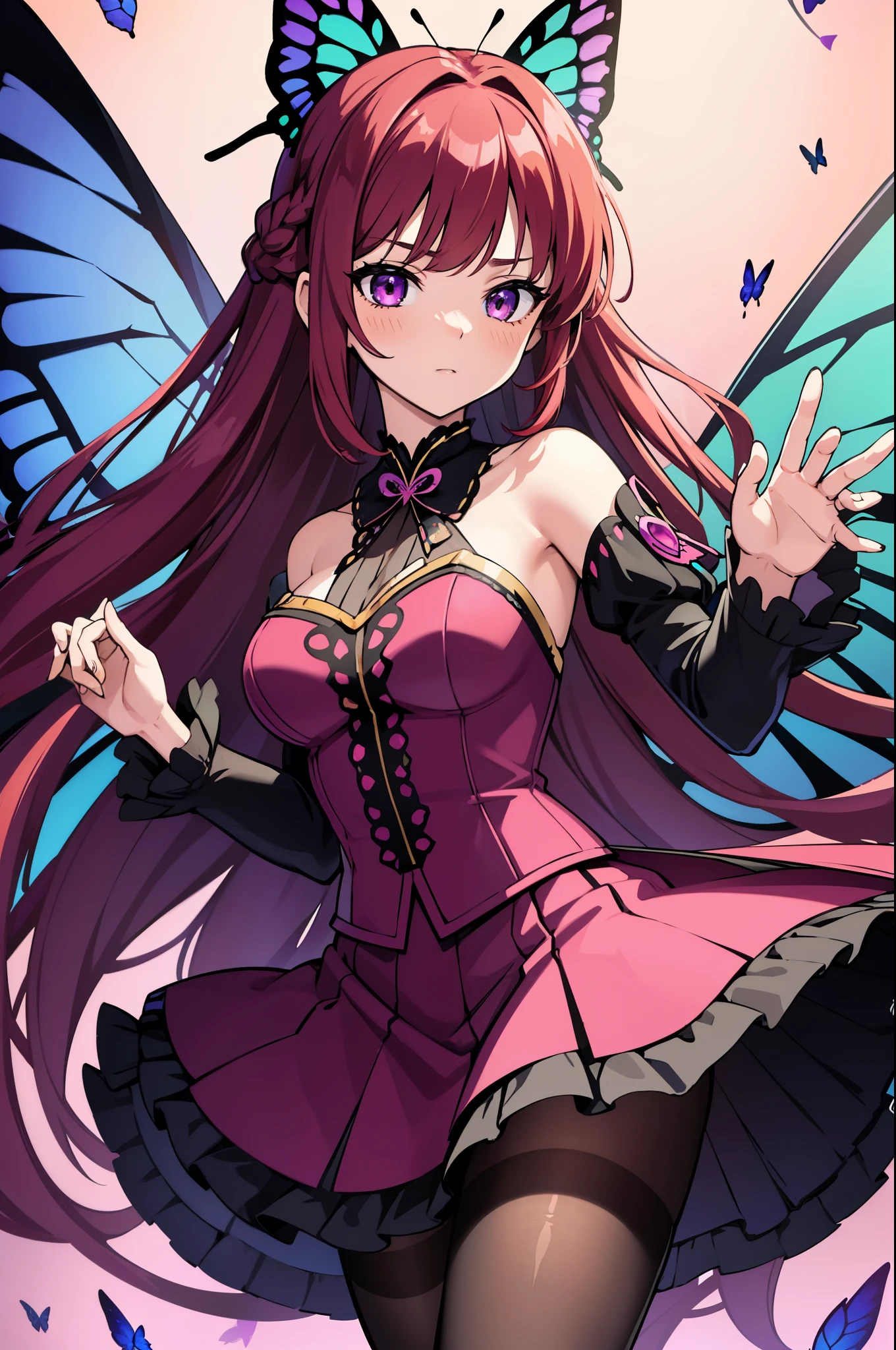 1girl, (butterfly ears:1.1), (wine red hair), (braided hair), (low braid hairstyle), (absurdly long hair), (hime bangs), (wine purple eyes), (dynamic pose), (colorful idol costume), (frilly skirt), (black lace pantyhose), (butterfly wings:1.3), (dynamic angle), more_details:-1, more_details:0, more_details:0.5, more_details:1, more_details:1.5, glowify, more prism, vibrant color, jewelry background, floating gems, floating glass pieces