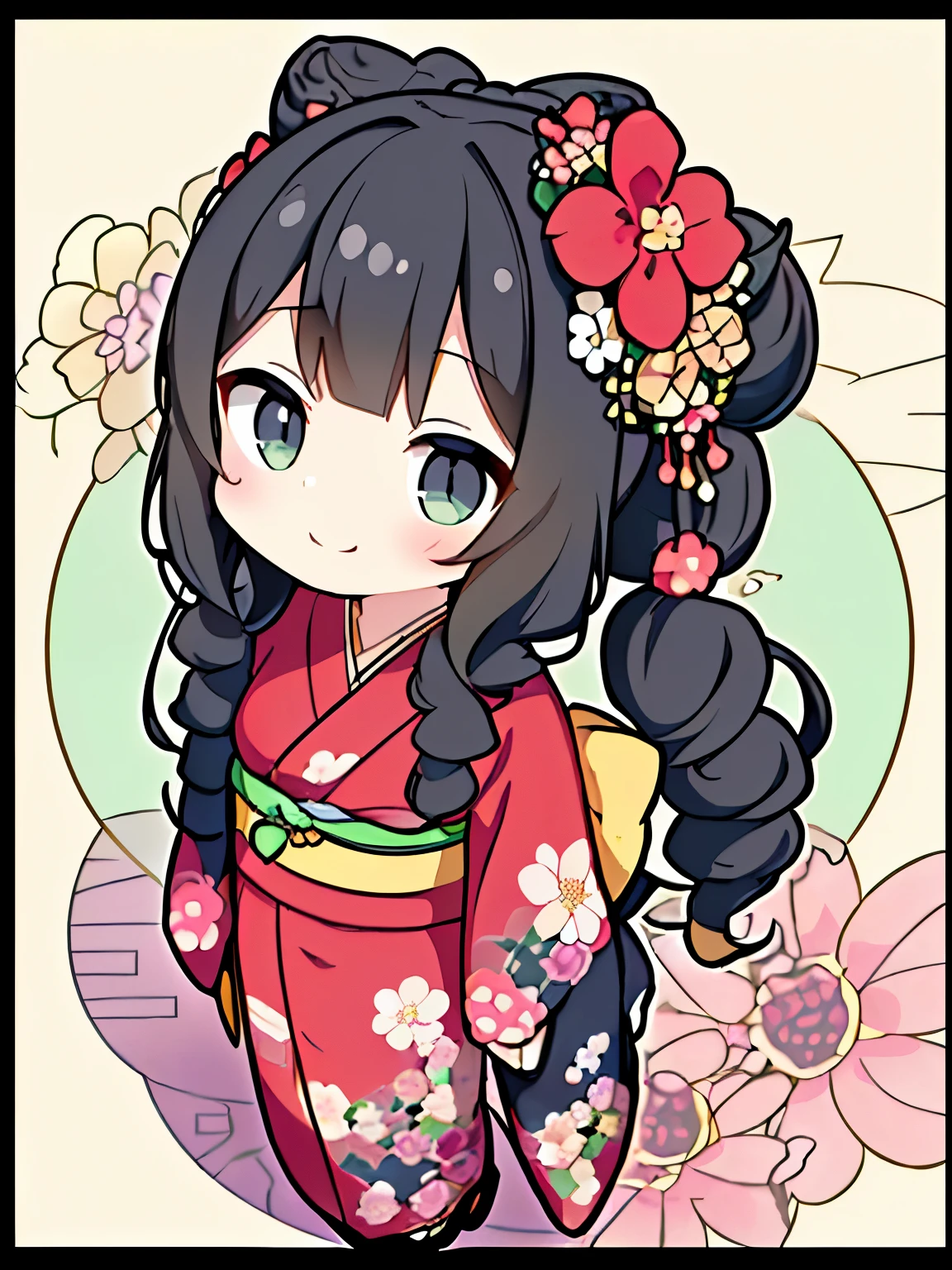(black hair:1.2),(long hair with curls:1.3),(hair tied up loosely:1.25),(All together:1.3),(black eye:1.4),(Eye size:1.5),(JapaneseAccessories:1.3),((Kimono fashion:1.4)),(Background full of blooming flowers:1.5),(blush),(upward glance:1.3),(small breasts:1.4),(focus on face:1.3),((look up:1.25)),(fashion color White、darkBlue、lightgreen、gold、red:1.3),(smile:1.2),(whole body:1.6)