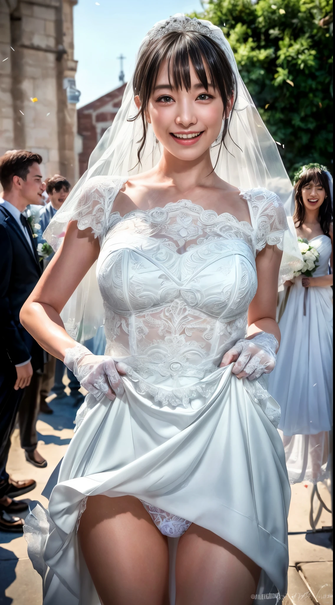 cowboy shot、(((happy face)))、the wind is blowing、In front of the church、sunny、Clear skies、confetti、Messy bowl cut hair with bangs、black hair、(((bride)))、((white wedding dress))、((wedding style))、(((happy wedding)))、highest quality,(RAW photo:1.2)、(realistic:1.4),(High resolution:1.4), 1 girl, Depth of bounds written,, intricately detailed,8K, very detailed, perfect lighting, epic background、((delicate pictures)),(の詳細なRAW photo),(highest quality:1.6), (Super high resolution:1.5), (realistic:1.75), 8K resolution, Canon EOS R5, 50mm, super detailed,cinematic lighting,(((skirt lift)))、((not wearing underwear))、lace gloves