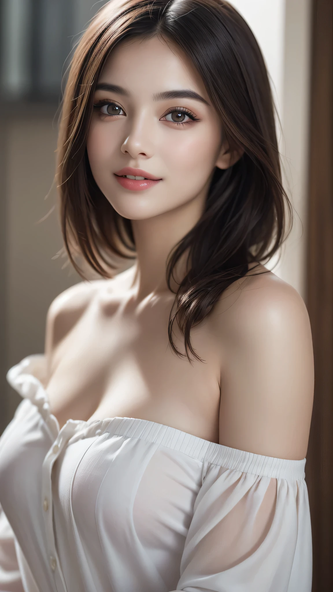 (1 girl), (Ultra realistic), (highly detailed eyes, highly detailed hair, highly detailed face, Highly detailed plump lips), naked, (school uniform:1.3), chest, (cleavage), Upper body, smile, (highest quality:1.4), RAW photo, (realistic, photo-realistic:1.37), professional photography, cinematic light, indoors, 
