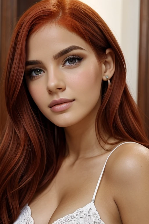 Joven pelirroja de pechos muy grandes labios medianos y ojos azulez