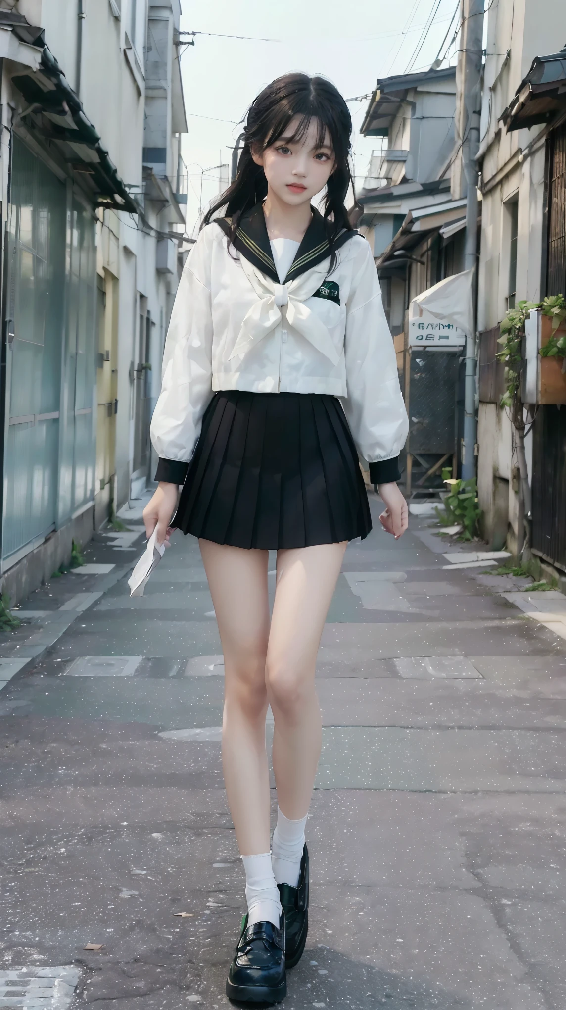 masterpiece, highest quality, realistic, RAW photo, Digital single-lens reflex camera, ((1 person)), Beautiful Japan girl at 18 years old, shiny fair skin, Realistic beautiful make-up face, realistic and beautiful eyes, double eyelid, (((anxiety, frightened eyes:1.3, fear, nervous:1, tears, cry:1.4, afraid))), The most detailed shiny black hair and bangs, ((ponytail hair)), slim body shape, slim face, slim waist, medium breasts, (((Japanese student light green sailor suit:1.5, summer clothes:1.2, dark green skirf, pleated mini skirt:1.2, black sox:1.2, brown loafer shoes:1.2, white panty:1.2))), (((walking:1.3))), Leaving school, (((A path in a lonely residential area, dark path))), ((foggy)), realistic shadow, Depth of bounds written, The best delicate and beautiful photos, ultra high resolution, 8K UHD Wallpapers, (((from below:1))), nsfw, upper half body