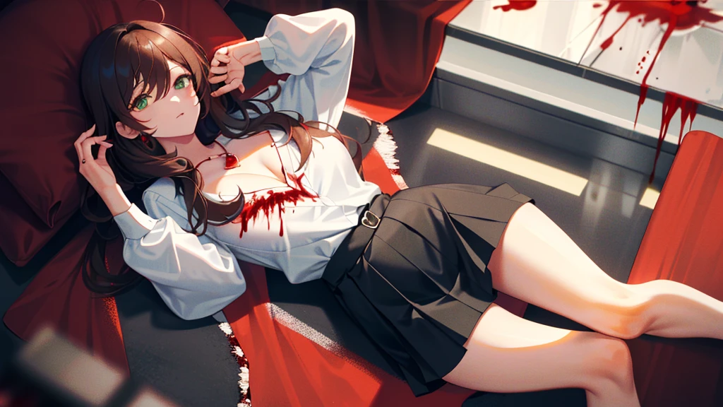 (Lie on the ground:1.2), Lisa, genshin impact, 1 girl, alone, ((white shirt)), barefoot, big breasts, cleavage, uniform, office background, ((Killed)), ((From above)), (cinematic lighting), (Put your arms on the ground), ((Sea of Blood)), ((bloody ground)), dutch angle, ((Bloody Body)), ((blood on their clothes)), ((rape face)), ((Open your eyes wide)), (((horror))), ((Open your eyes wide)), black skirt, pleated skirt, office, hair between eyes, messy hair, large chest, long hair, brown hair, red short nails, green eyes, alone, ((long slender legs)), very long hair, ((masterpiece)), classroom, board, class board, Beautiful woman, plump thighs