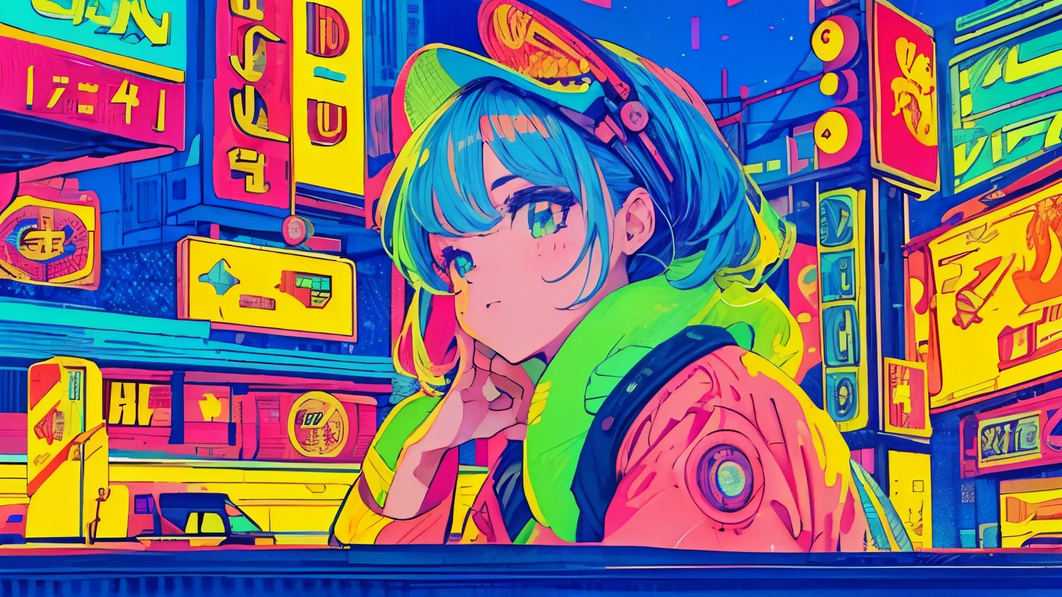 best quality, 4K wallpaper, masterpiece, extremely detailed CG unity 8k wallpaper, extremely detailed eyes, ultra-detailed, intricate details, close up 1 happy girl in center, retro art style, neon_pop art style, public, outdoors, road sign, city, people