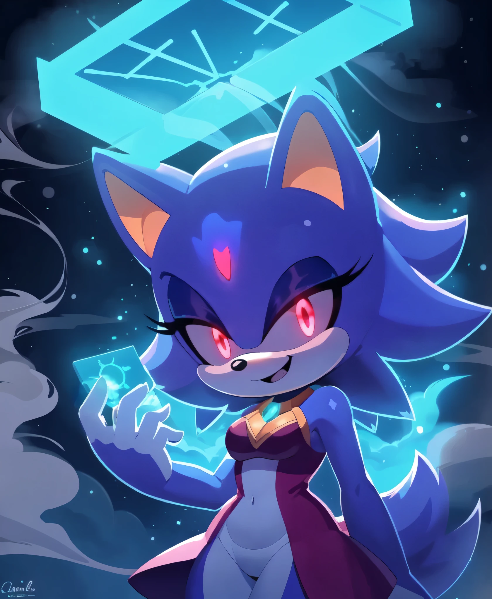 blaze the cat from sonic the hedgehog, glowing red eyes, wispy hair, pillars of smoke, made out of smoke, ghost-like, demonic appearance, holding a small teal glowing metal square in her hand, smiling evilly, malicious look, swirling cloudy misty background, creepy, stunning visual