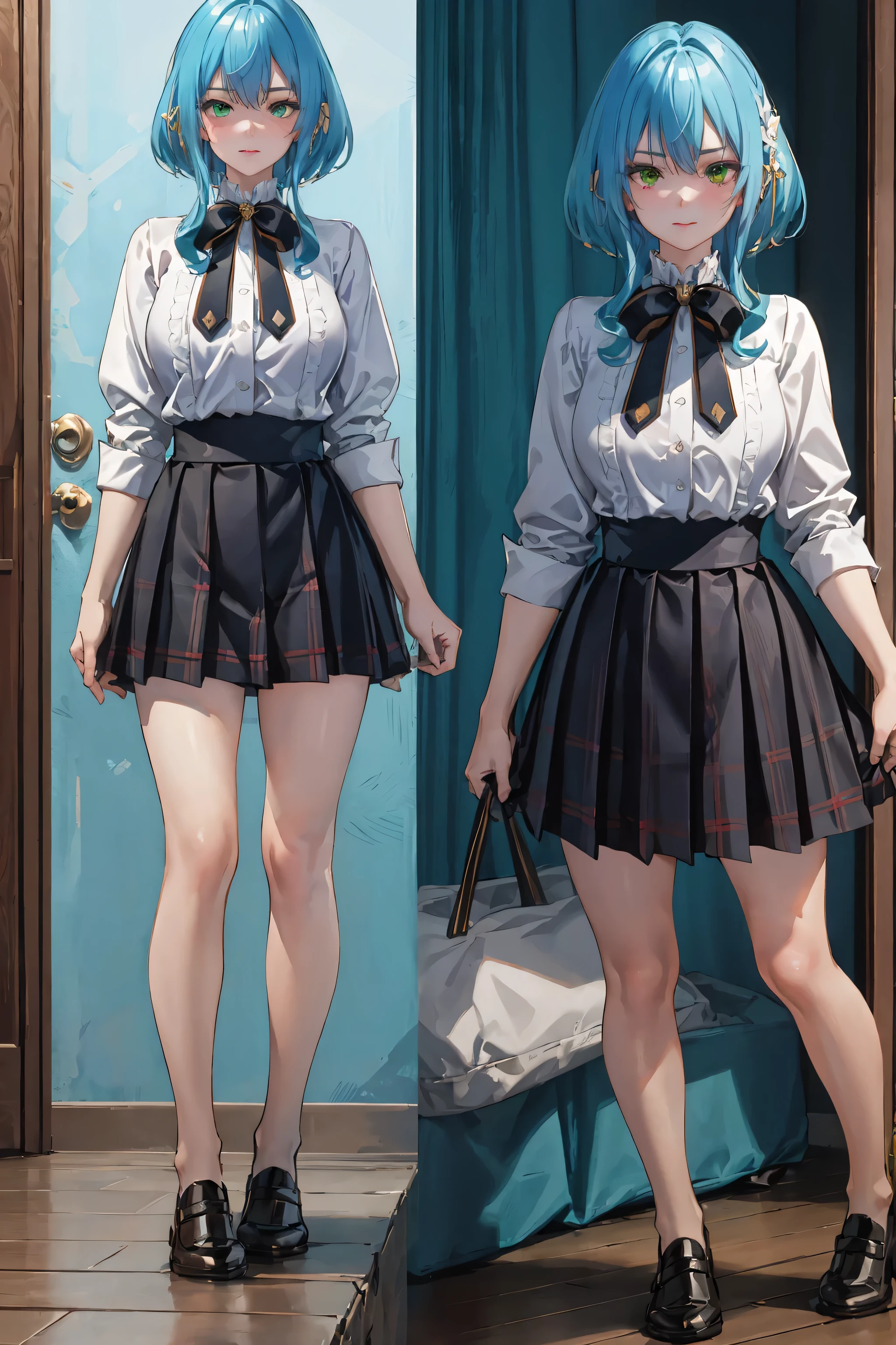 highres, aavillhaze, short hair, green eyes,
BREAK wearing skirt, shirt, long sleeves, bow, school uniform, pleated skirt, collared shirt, bowtie, sweater, plaid, black shirt, plaid skirt, grey skirt, black sweater, grey bow,
BREAK looking at viewer,(multiple views:1.5),from behind,from_front,(blue background:1.3),(full body:1.4),arms at sides,
BREAK indoors, library,
BREAK (masterpiece:1.2), best quality, high resolution, unity 8k wallpaper,NSFW ,(illustration:0.8), extremely detailed face, perfect lighting, extremely detailed CG, (perfect hands, perfect anatomy),