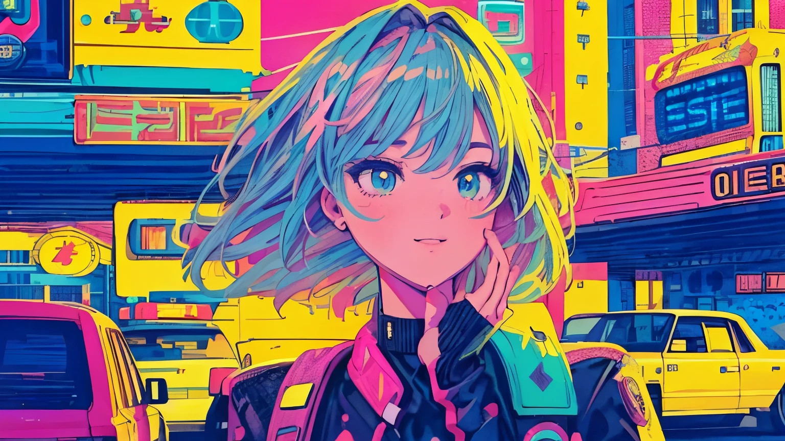 best quality, 4K wallpaper, masterpiece, extremely detailed CG unity 8k wallpaper, extremely detailed eyes, ultra-detailed, intricate details, close up 1 happy girl in center, retro art style, neon_pop art style, public, outdoors, road sign, city, people