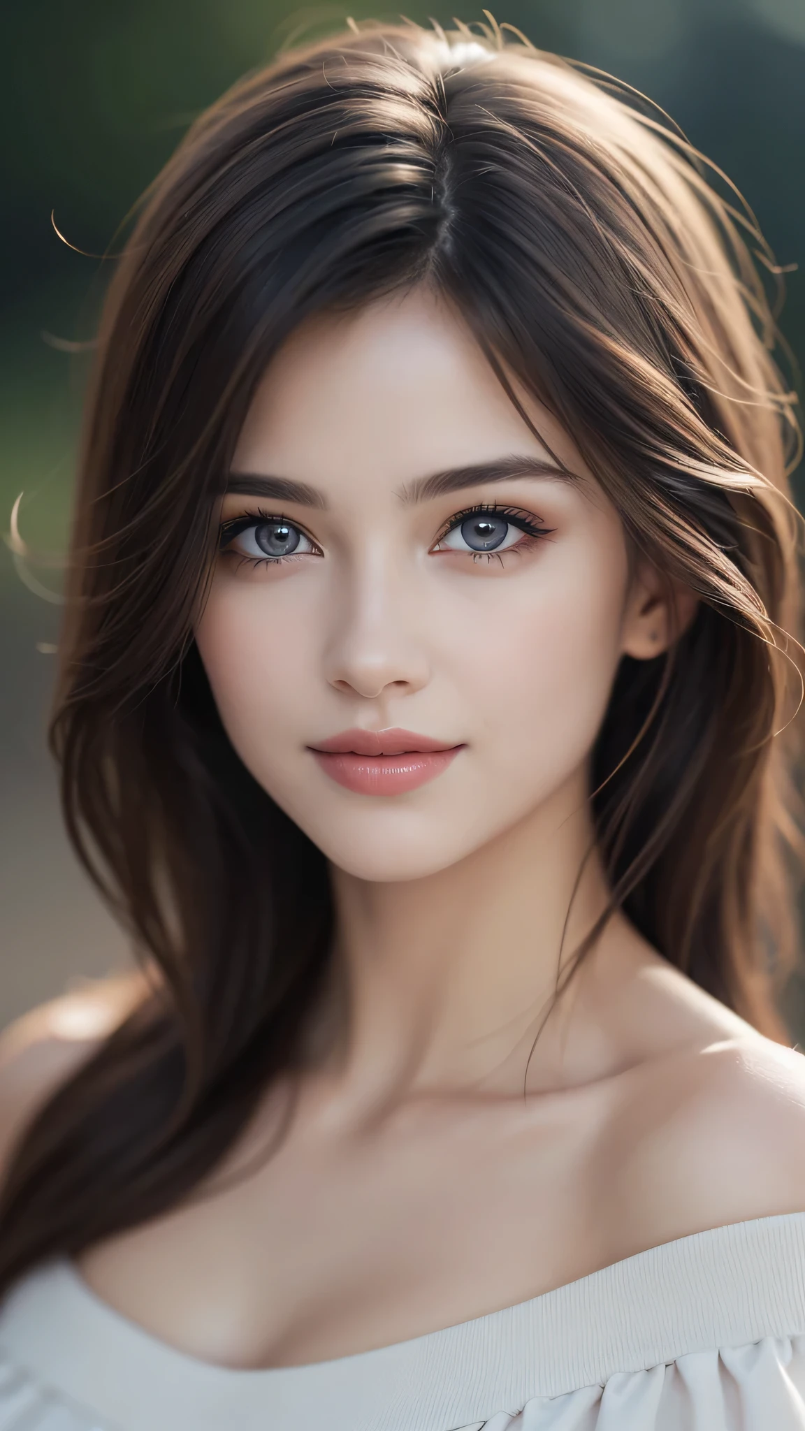 1girl, (Ultra realistic), (highly detailed eyes, highly detailed hair, highly detailed face, highly detailed plump lips), (off shoulder), breasts, upper body, caute smile, (best quality:1.4), Raw photo, (realistic, photo-realistic:1.37), professional photography, cinematic light,