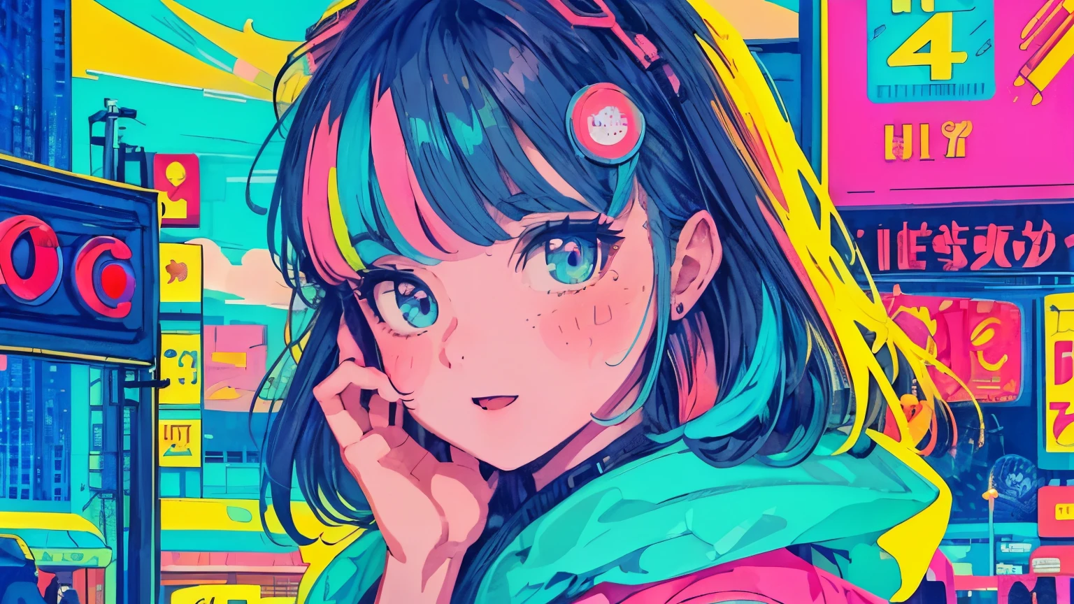 best quality, 4K wallpaper, masterpiece, extremely detailed CG unity 8k wallpaper, extremely detailed eyes, ultra-detailed, intricate details, close up 1 happy girl in center, retro art style, neon_pop art style, public, outdoors, road sign, city, people