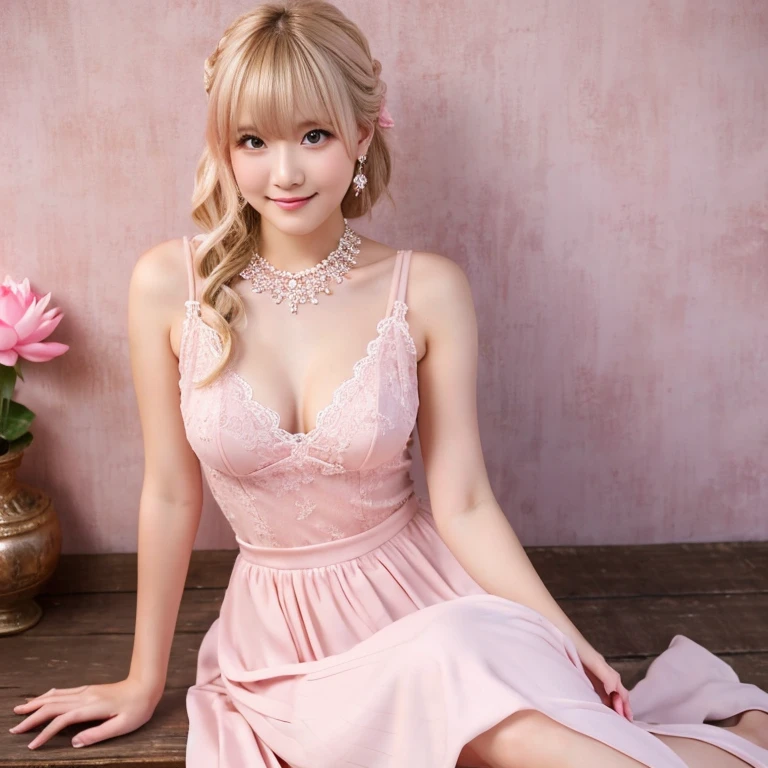 sitting cross-legged,(light pink )Wedding dress,Princess,extremely detailed 8k wallpaper,lotus ,sexy posing,upper body blouse ,lower body (black)long skirt,smirk face ,large breast ,Side undercut asymmetrical bangs blonde hair color hammered short hair,20-year-old beautiful girl  ,looking at viewer,cowboy shot,