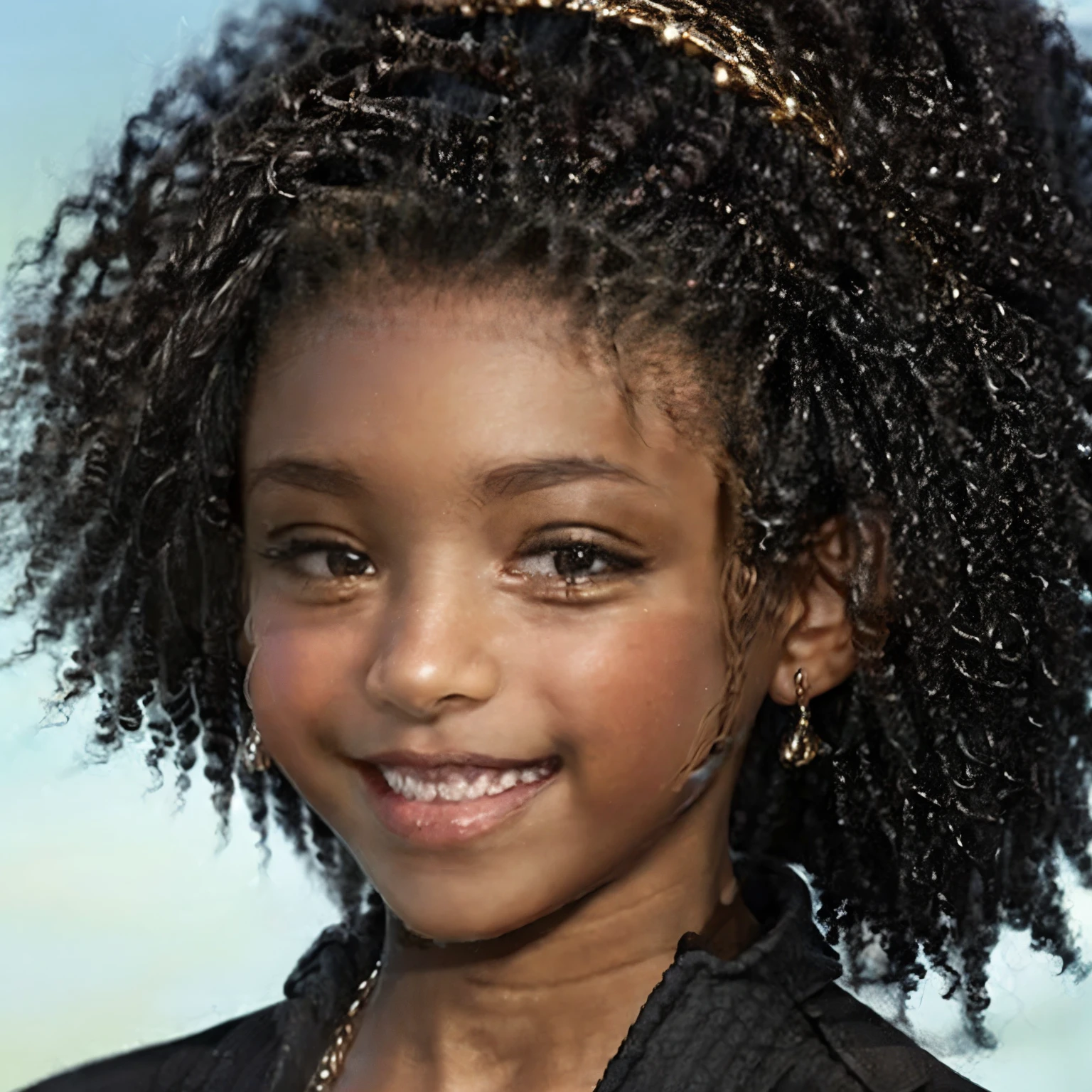 Black woman with short black curly hair, brown eyes, Viking Era, smiling 