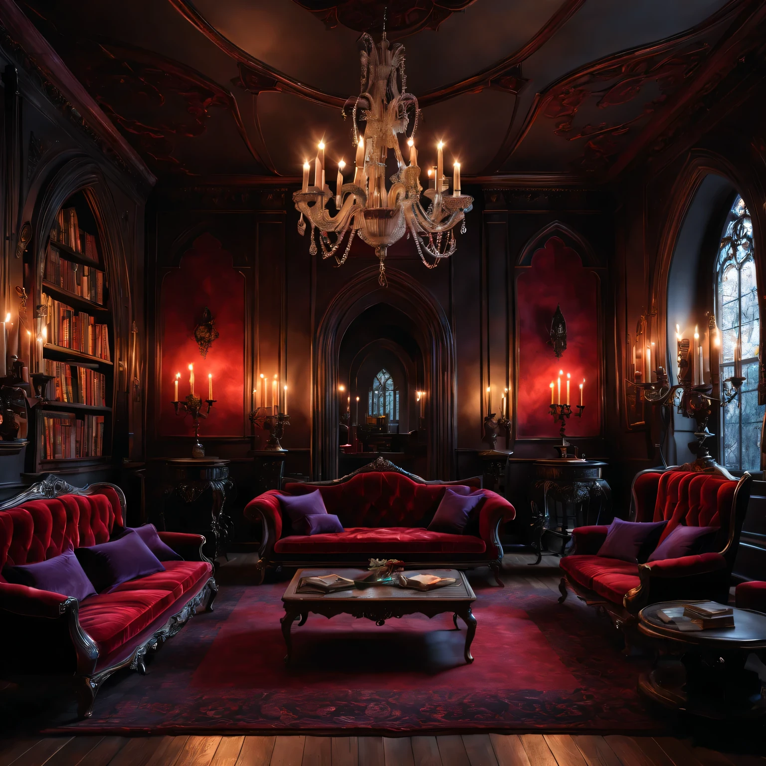 (best quality,4K,8k,high resolution,masterpiece:1.2),Super detailed,(actual,photoactual,photo-actual:1.37),Dark and mysterious vampire themed living room,[antique chandelier],[elegant velvet curtains],[blood red carpet],(Gothic,fairytale-like:1.1) atmosphere,Comfortable plush sofas and armchairs,[Exquisite carved wood bookshelf],(dim:candlelight,soft light),Intricate details on the walls,(High quality,Tired to death:0.9) wooden floor,Gorgeous photo frame,[Artistic oil painting:dramatic scenery,unforgettable portrait],subtle smell (old book,rich red wine),[Classical European furniture],[silver candlestick],(inauspicious,gloomy) corner,(Crimson,deep Purple) accent,The gentle crackle of the fireplace,[Arched stone arch],[Gothic stained glass windows],(dusk-like,ethereal:1.2) atmosphere, [Ancient Library:1.17]
