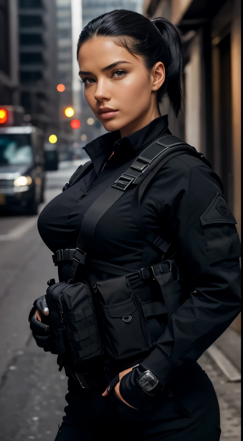 Photorealistic, high resolution, 1 malay woman in hijab, Solo, Hips up, Gaza background，view the viewer, (Detailed face), White hijab, SWAT vests, sniper rifle handle, Black military uniform, bulletproof vest, Holding an assault rifle, M16, Inside the city of Palestine, Very detailed, Perfect face, Black eye, jewelry, (full body view), Lifelike, masterpiece