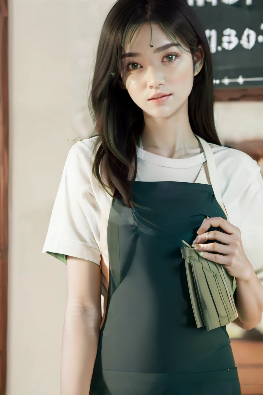 highest quality, realistic, 8K, High resolution, full color, 1 girl, woman, 20 years old woman, (skin dents), (portrait:0.6), wood, Inside the cafe, dawn, full color, ((Green apron:1.68)), look straight at the viewer:1.8, (1 girl eyes looking at viewer:1.55), (medium length hair, black hair, parted hair:1.45), (Bokeh),
