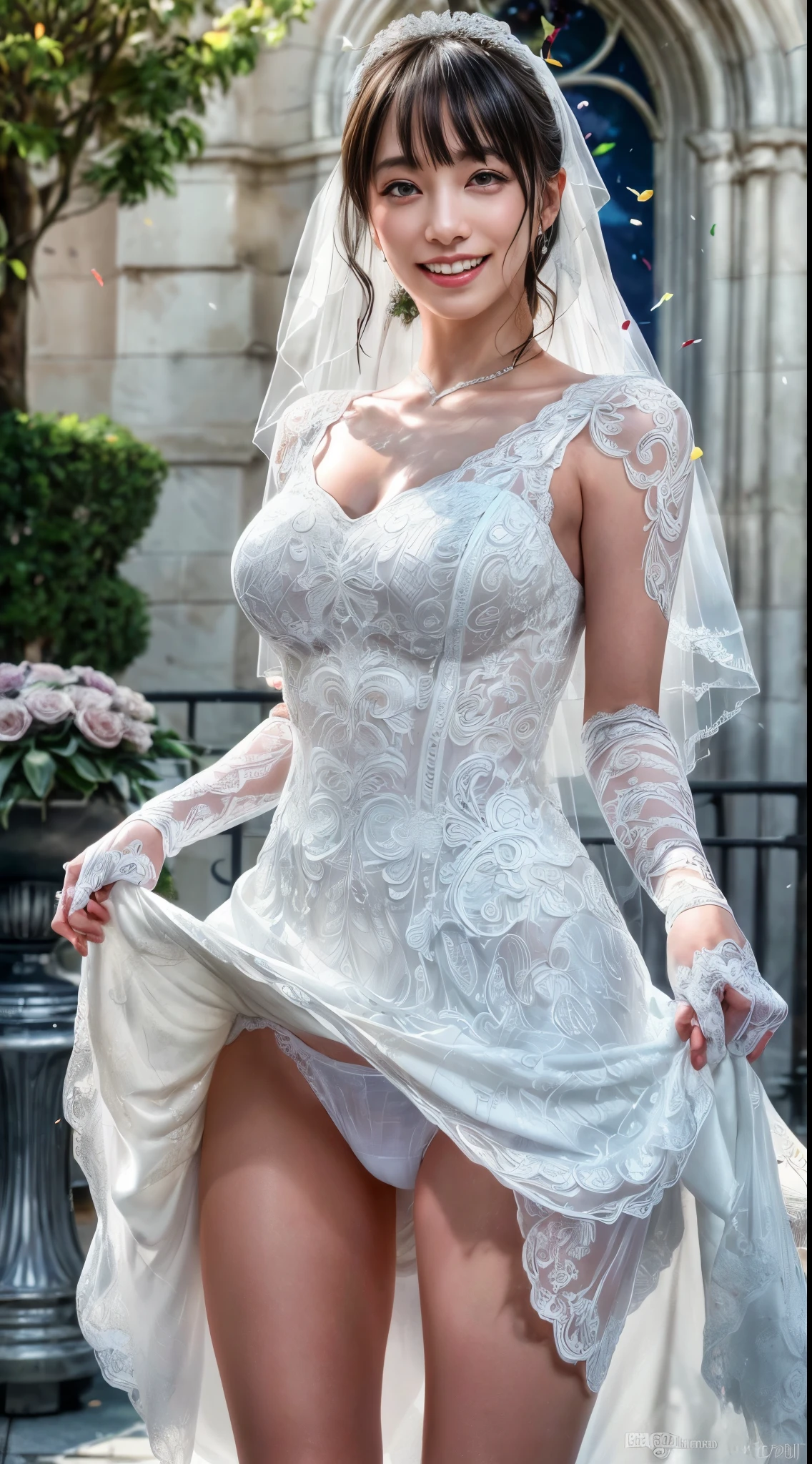 cowboy shot、(((happy face)))、the wind is blowing、In front of the church、sunny、Clear skies、confetti、Messy bowl cut hair with bangs、black hair、(((bride)))、((white wedding dress))、((wedding style))、(((happy wedding)))、highest quality,(RAW photo:1.2)、(realistic:1.4),(High resolution:1.4), 1 girl, Depth of bounds written,, intricately detailed,8K, very detailed, perfect lighting, epic background、((delicate pictures))，(の詳細なRAW photo),(highest quality:1.6), (Super high resolution:1.5), (realistic:1.75), 8K resolution, Canon EOS R5, 50mm,  super detailed,cinematic lighting,(((skirt lift)))、((not wearing underwear))、lace gloves