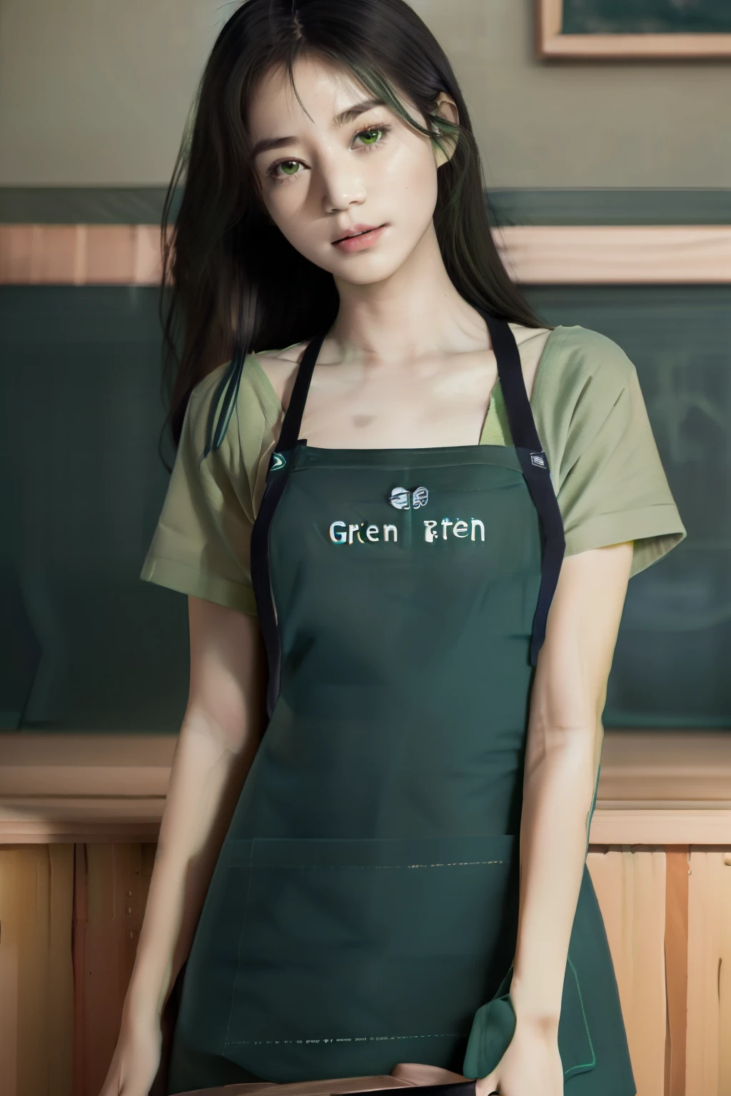 highest quality, realistic, 8K, High resolution, full color, 1 girl, woman, 20 years old woman, (skin dents), (portrait:0.6), wood, Inside the cafe, dawn, full color, ((Green apron:1.68)), look straight at the viewer:1.8, (1 girl eyes looking at viewer:1.55), (medium length hair, black hair, parted hair:1.45), (Bokeh),   