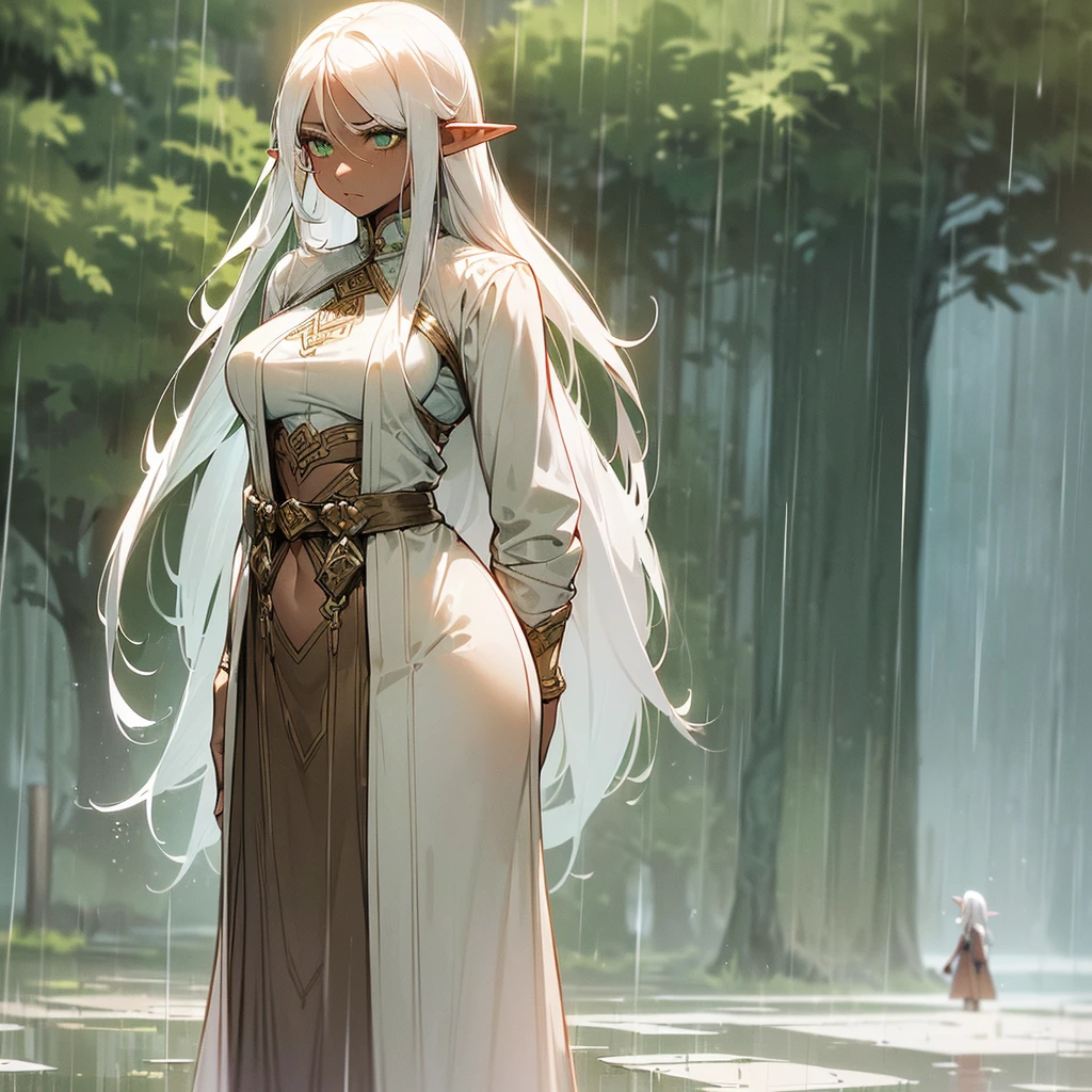 (((I want a solitary Elf Woman, Long white hair, Serene green eyes, brown skin, mature body with medium breasts and thin waist, wearing a beautiful outfit, standing on a street where it is raining while she looks worried))),(((Alone)))