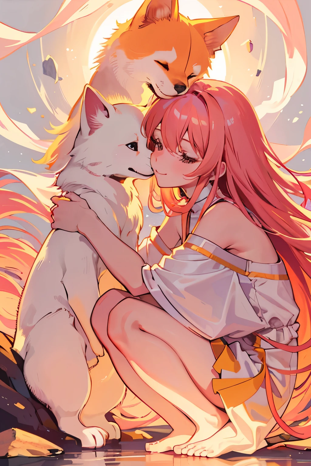 Title: "harmony and Tenderness: A Bond Unbroken"
Aspect Ratio: 1:1
Background: An enchanting orange hue saturates the canvas, representing the sun's gentle touch and the passage of time.
Focal Point: A mesmerizing young girl with radiant pink hair, adorably squatting in front of her cherished Pink Shiba Inu. Their heights are in perfect harmony, creating an intimate and heartwarming moment.
Girl's Description: Her pink hair cascades around her face, adding a pop of whimsy to the serene scene. With a tender smile, she reaches out and