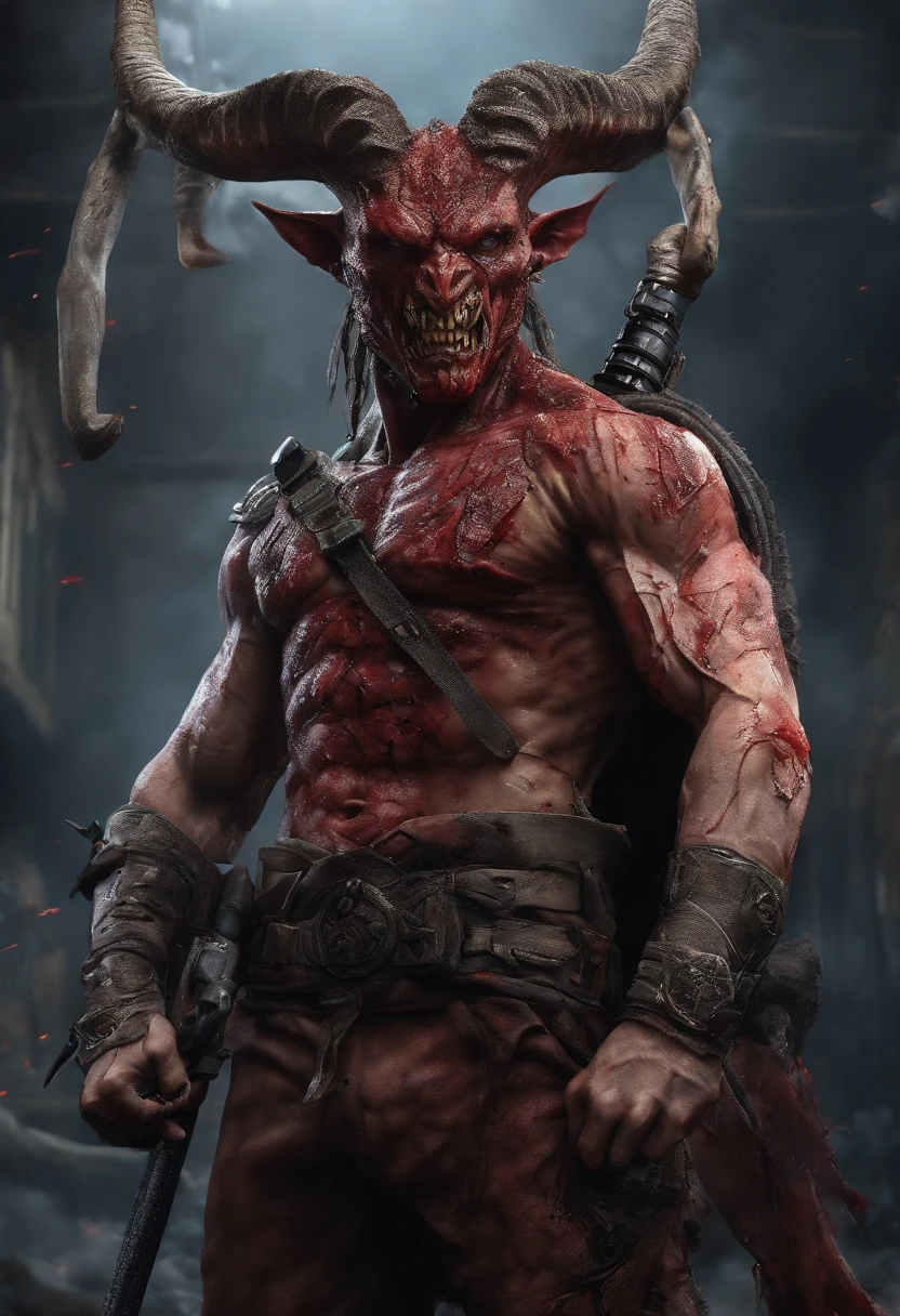 ((best quality)), (top quality)), (masterpiece), photorealistic, photorealism 16K, (16K), Fujifilm, A horned devils with a bloodied face and a bloodied head, (((STAR of KING DAVID on Chest))), ((ISRAEL FLAG)) , carnage, Sci - Horror Art of Fiction, Science fiction, ((FULL BODY SHOT)), devils male, in a combat pose, aiming an rifle, satan de carnage, horror realistic 4K, 16K, Detailed of 4k-16K , star of david on chest, horned,Highly Detailed, Photorealistic, High Resolution, Detailed Face, Looking directly at the camera, holding a rifle , Dark Fantasy Horror realistic CREATURE
