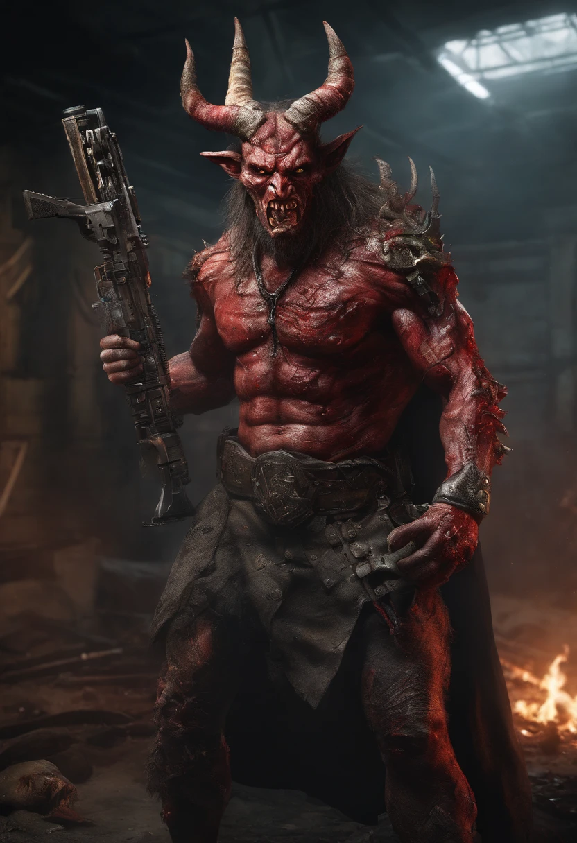 ((best quality)), (top quality)), (masterpiece), photorealistic, photorealism 16K, (16K), Fujifilm, A horned devils with a bloodied face and a bloodied head, (((STAR of KING DAVID on ?????))), ((ISRAEL FLAG)) , carnage, Sci - Horror Art of Fiction, Science fiction, ((FULL BODY SHOT)), devils male, in a combat pose, aiming an rifle, satan de carnage, horror realistic 4K, 16K, Detailed of 4k-16K , star of david on ?????, horned,Highly Detailed, Photorealistic, High Resolution, Detailed Face, Looking directly at the camera, holding a rifle , Dark Fantasy Horror realistic CREATURE